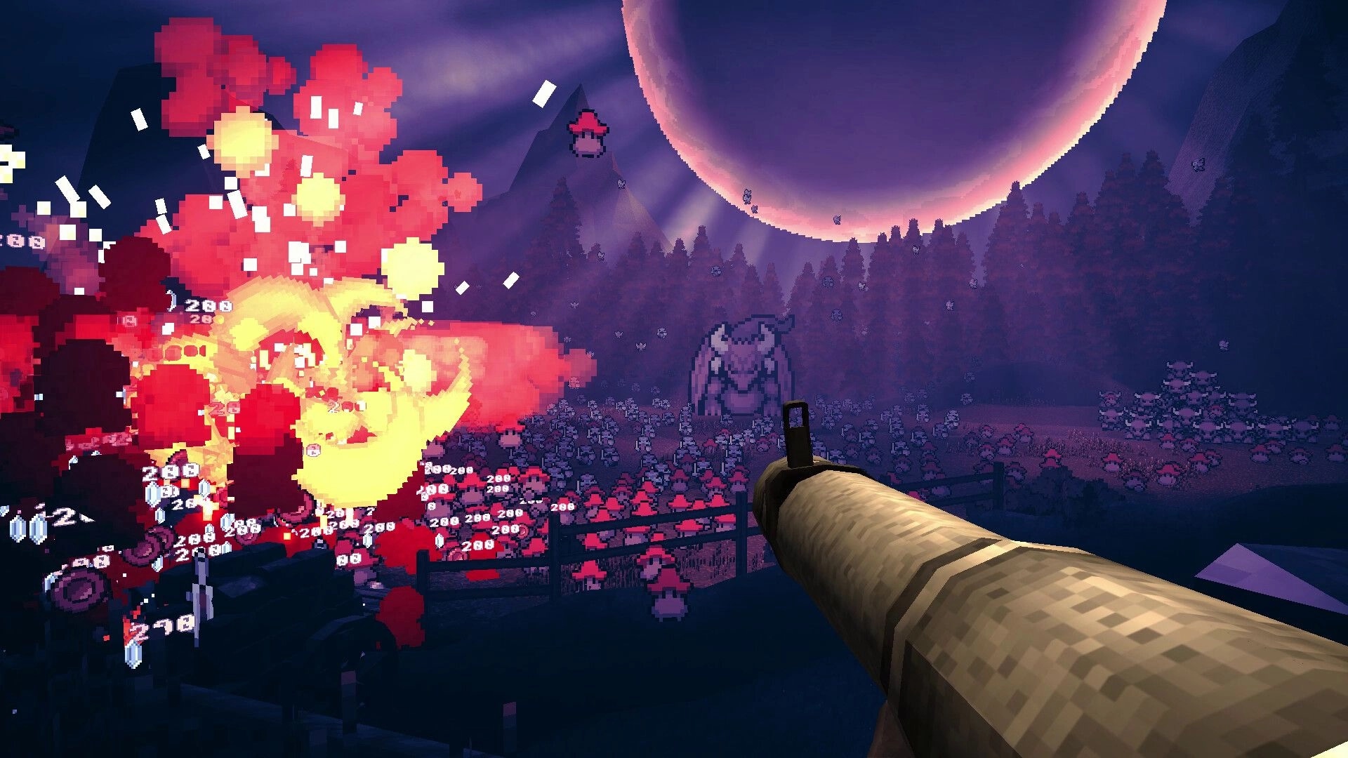 Guns 'n Goblins: First-person gunfire erupts in explosions over a goblin horde under a giant moon.