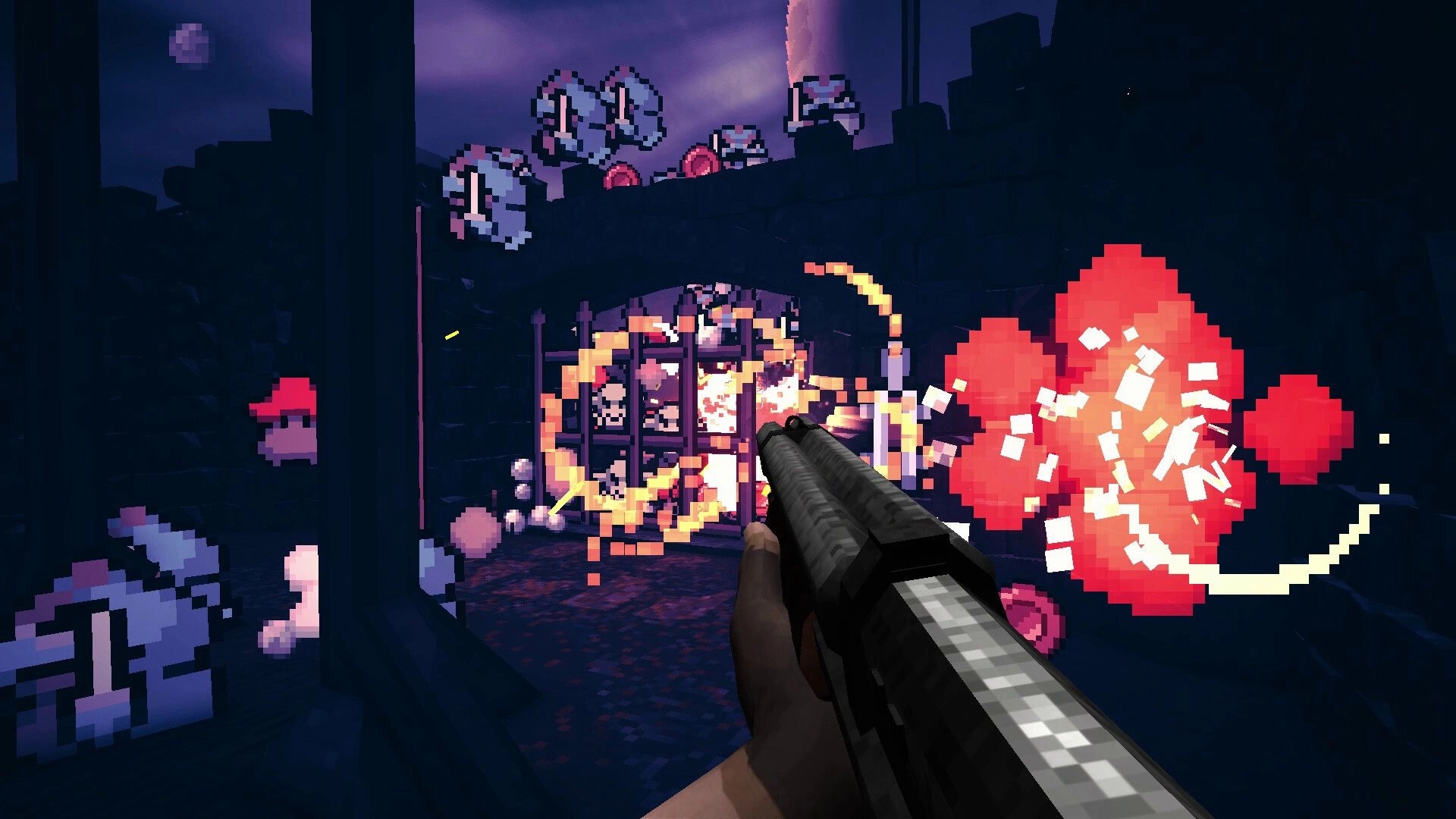 Guns 'n Goblins: Shotgun blasts at a skull gate with explosions in a dark pixelated dungeon corridor.