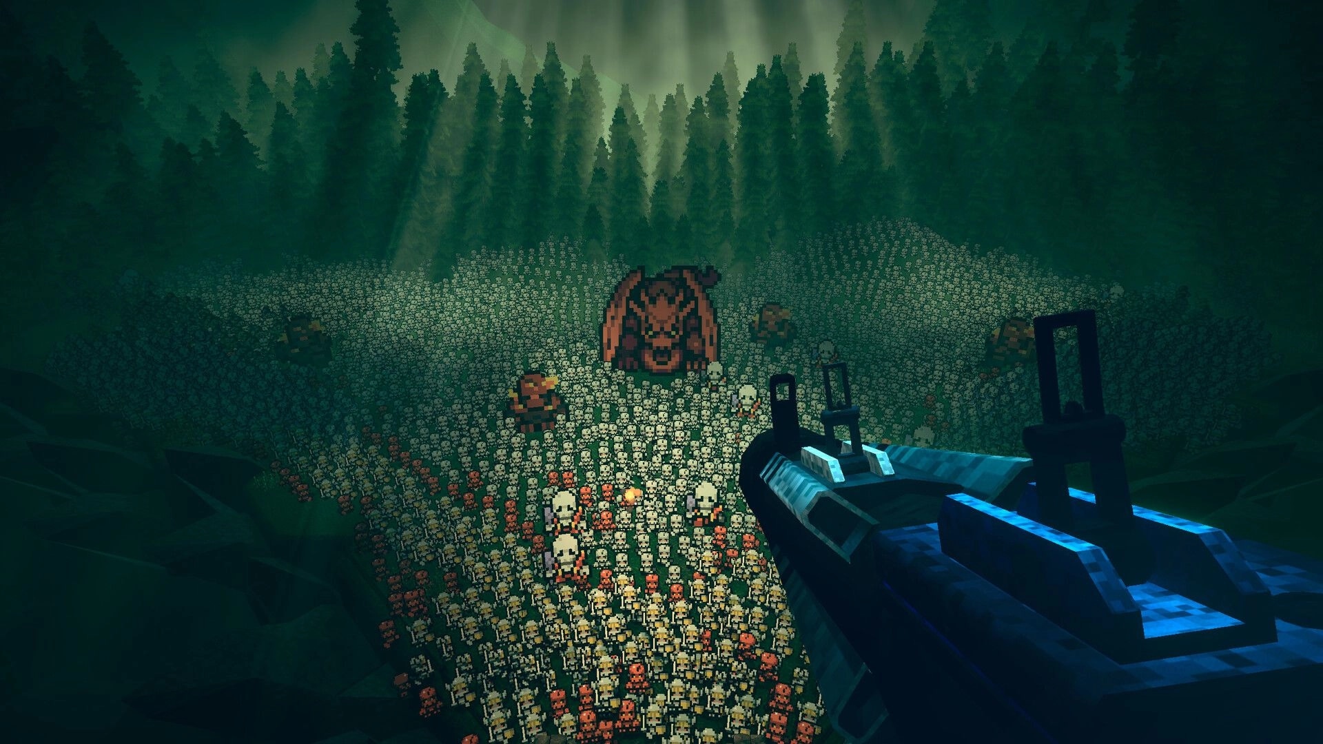 Guns 'n Goblins: First-person rifle aimed at a demon amid a huge skull horde in misty forest clearing.