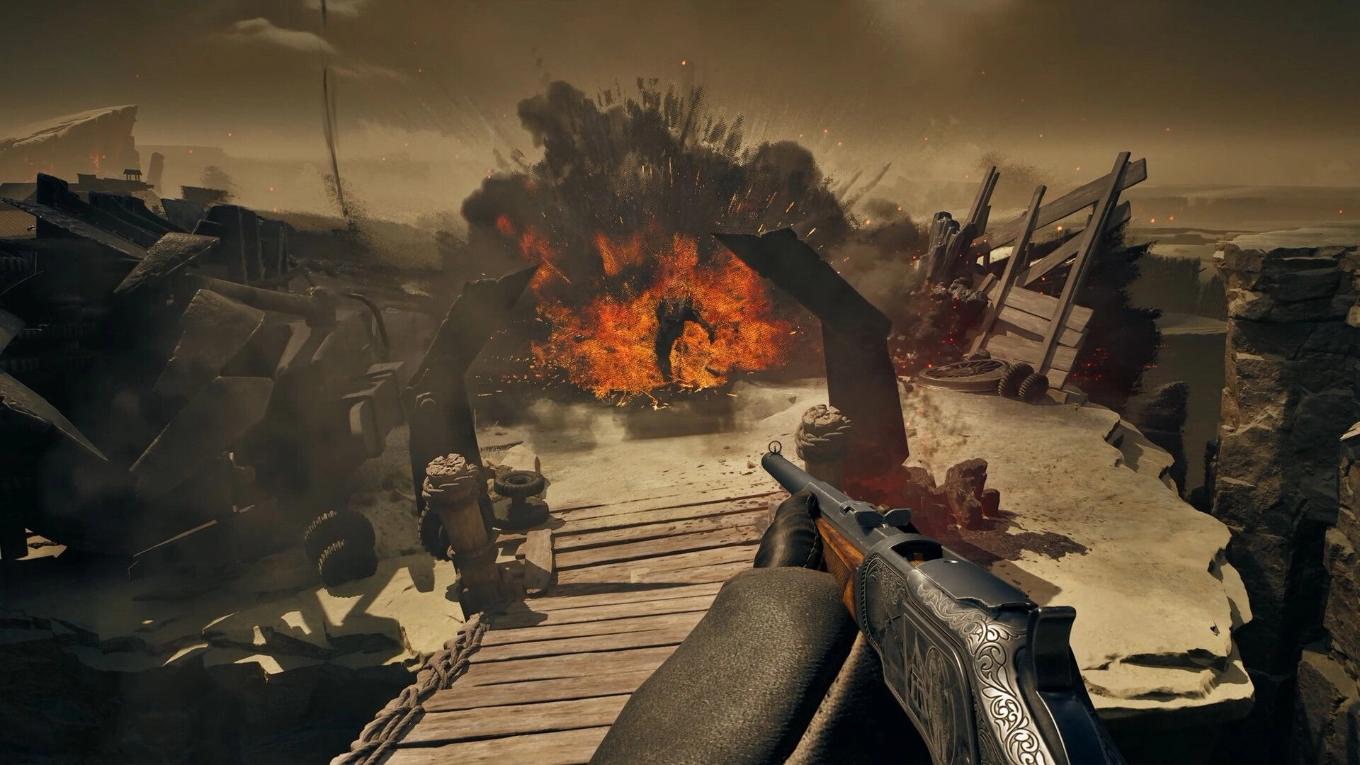 Guns of Eschaton: First-person shotgun aimed at a fiery blast on a ruined desert bridge walkway.