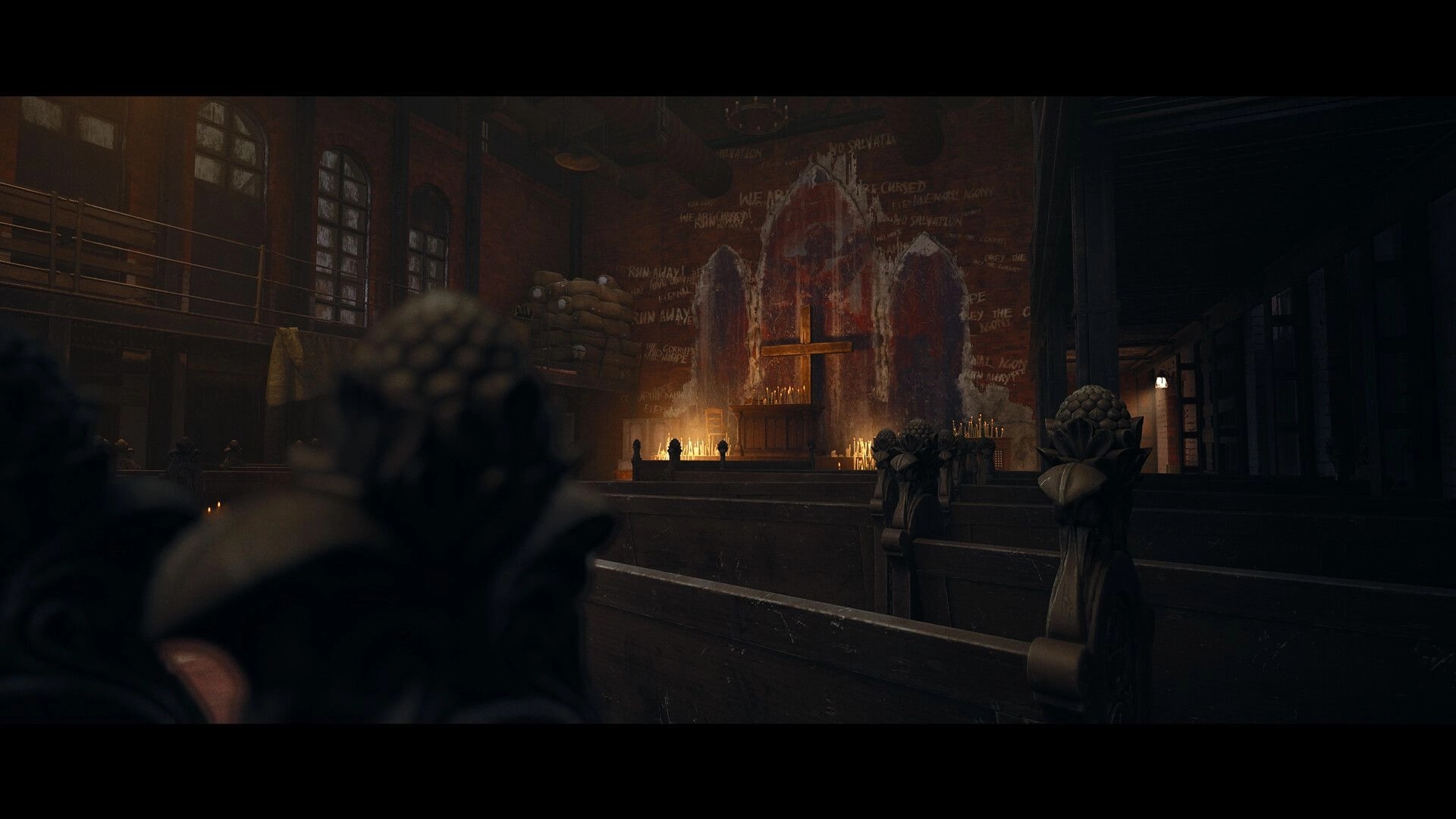 Guns of Eschaton: Aiming down sights at a candlelit altar and cross inside a ruined church nave.