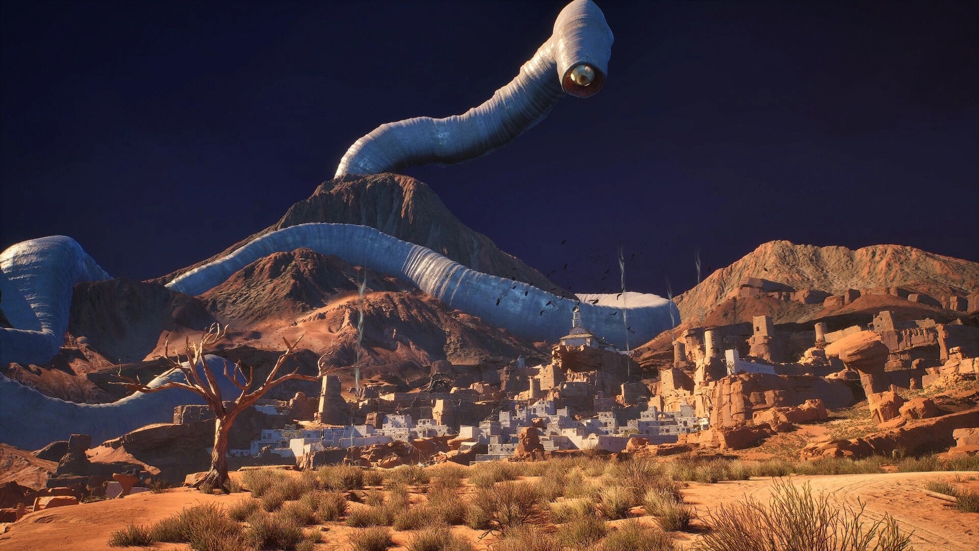 Guns of Eschaton: Giant pale worm coils over desert cliffs above a whitewashed canyon town at dusk.