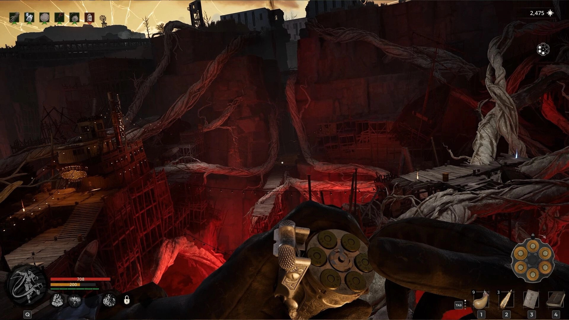 Guns of Eschaton: First-person view aiming a revolver over a red-lit canyon of wooden bridges.