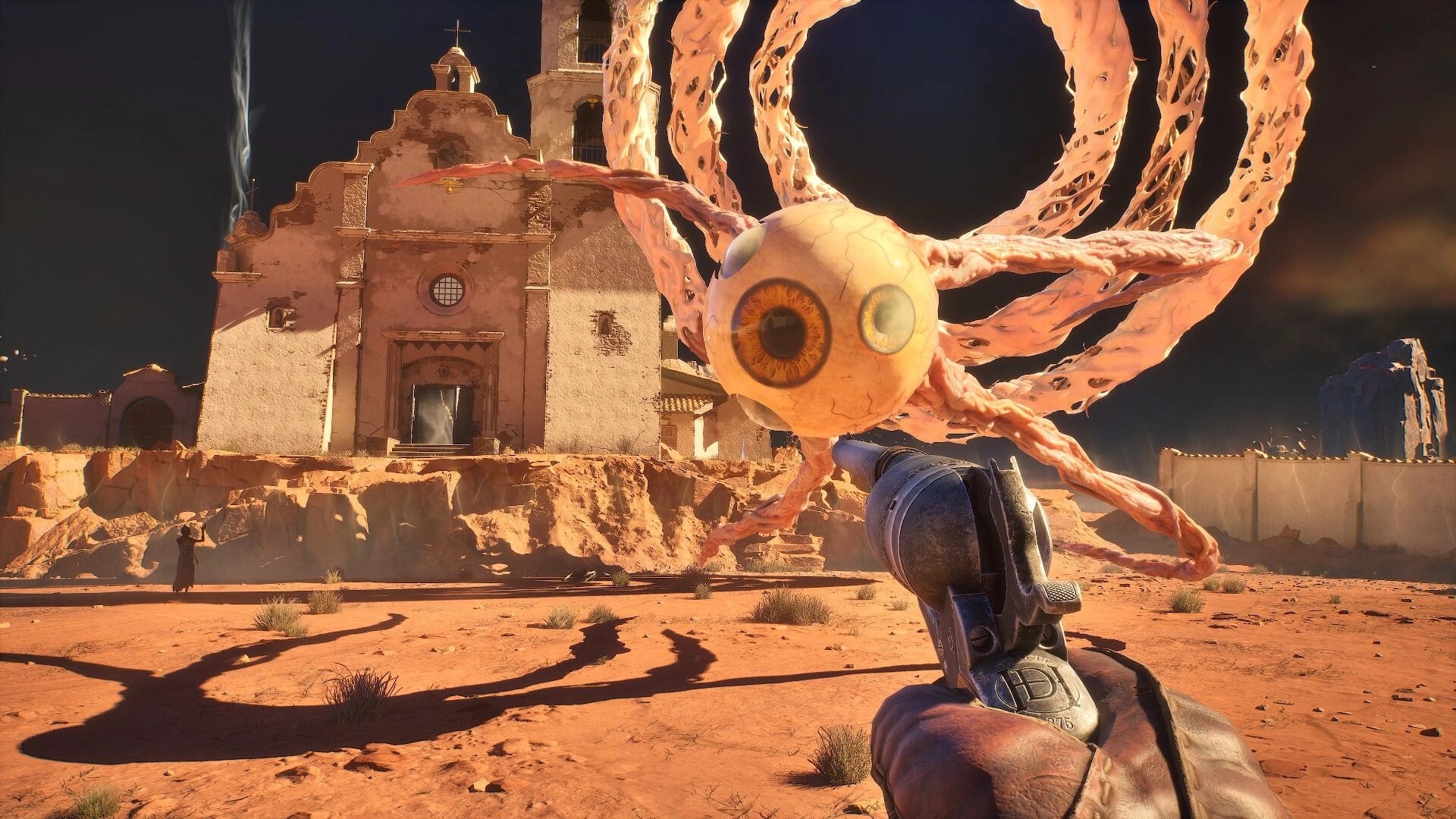 Guns of Eschaton: Revolver aimed at a floating eyeball monster outside a desert mission church ruin.