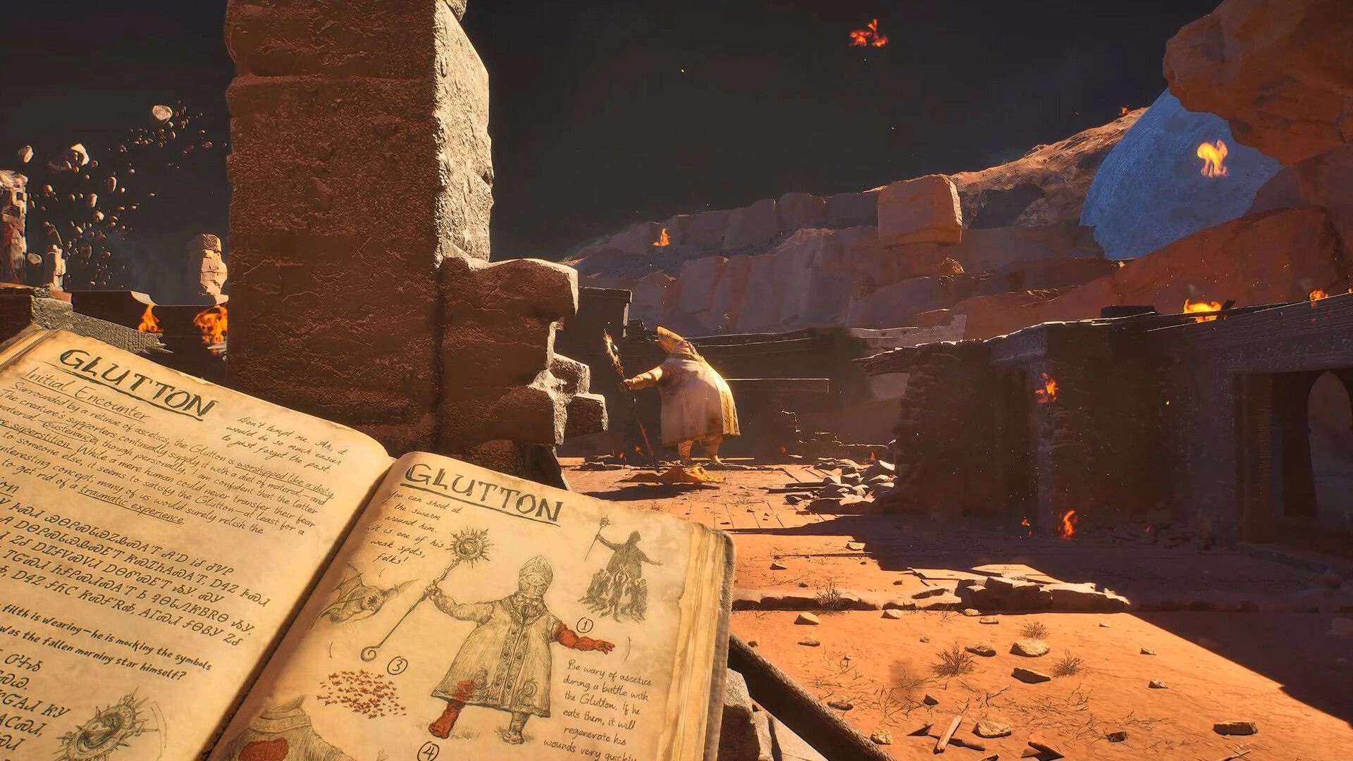 Guns of Eschaton: Open bestiary page on Glutton as robed enemy stands in burning canyon ruins.