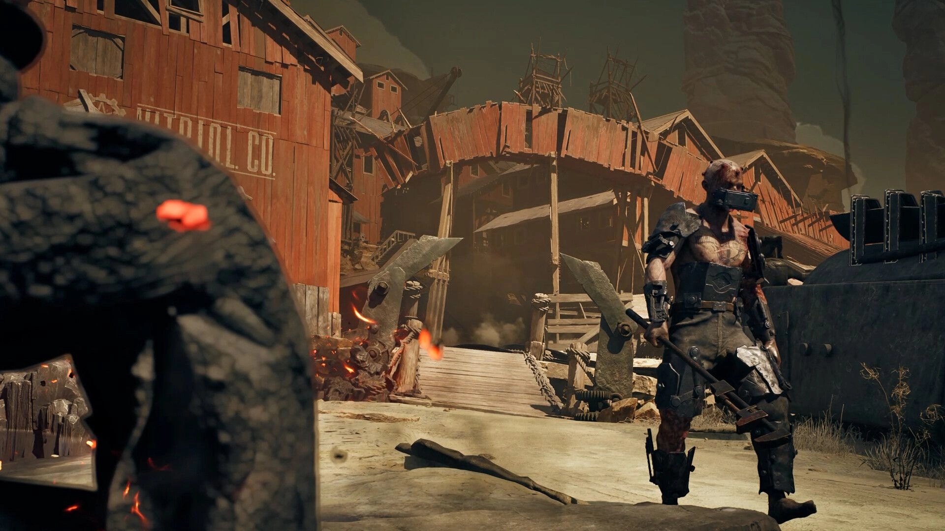 Guns of Eschaton: Armored raider with spiked club in dusty mining town ruins and catwalks.