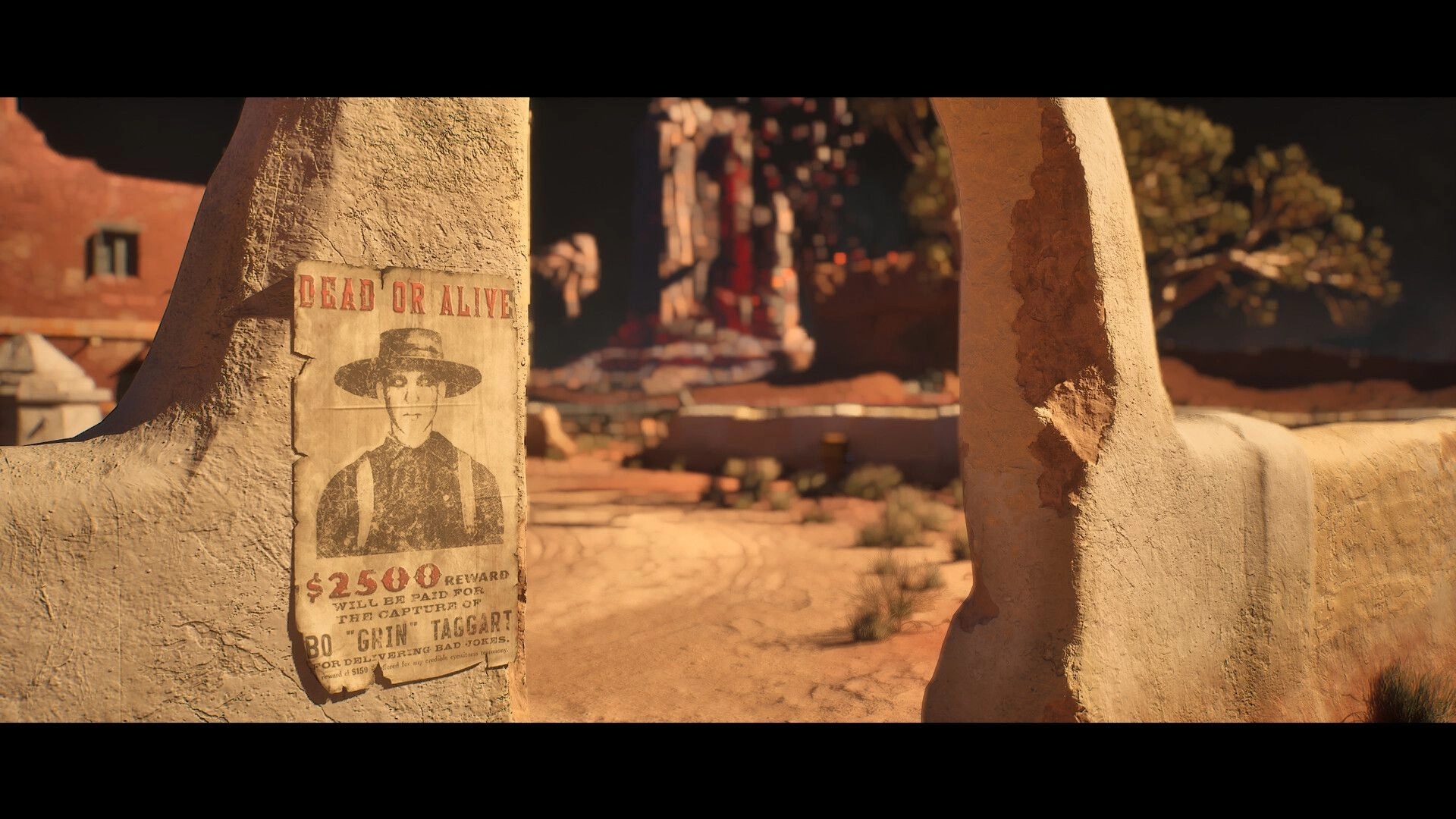 Guns of Eschaton: Dead or Alive wanted poster on adobe wall overlooking sunlit desert courtyard.