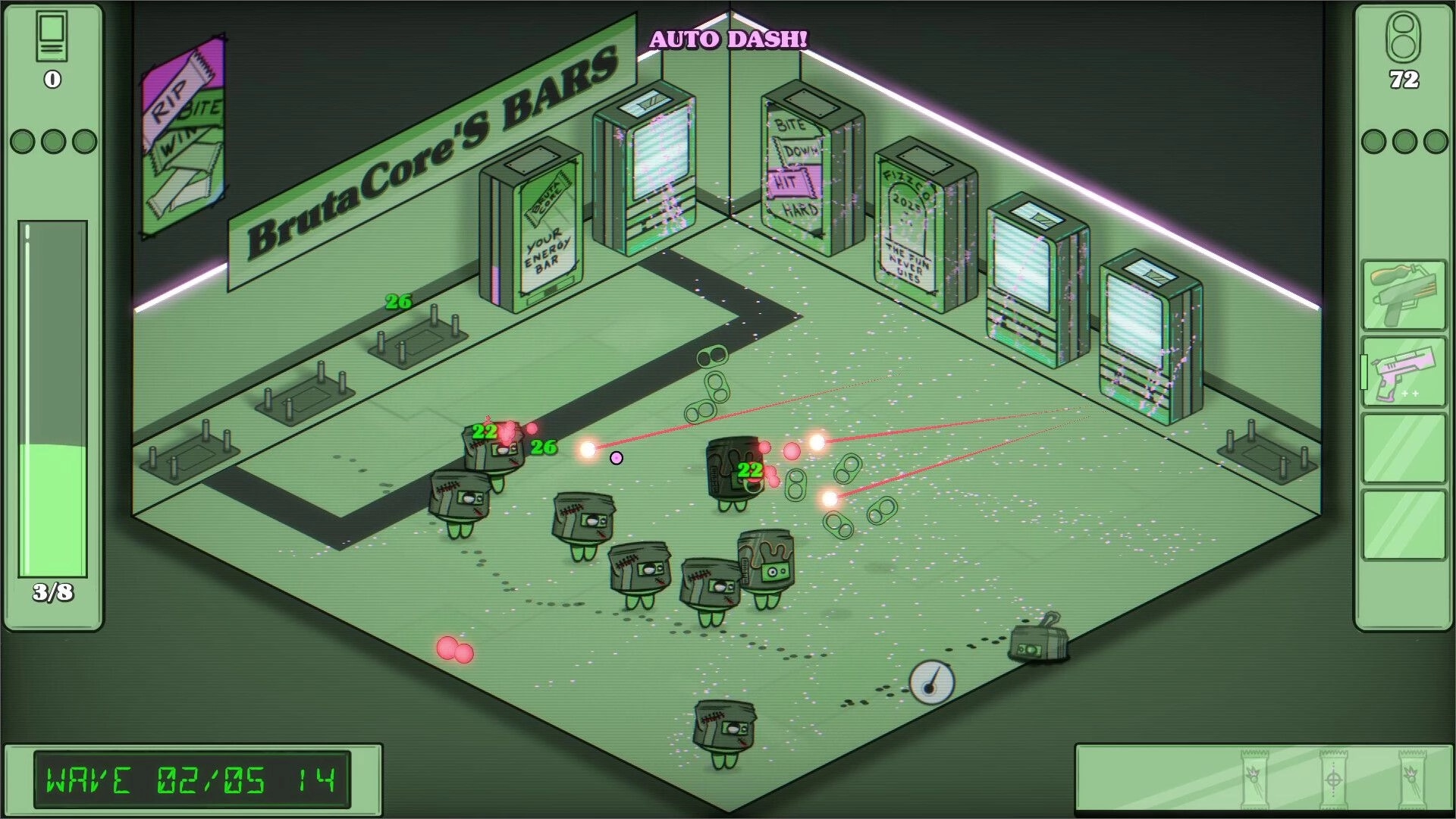 Guns&Sodas: Combat scene with soda characters shooting lasers in vending machine-filled arcade room