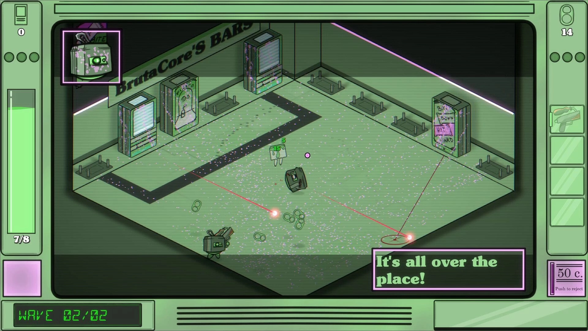 Guns&Sodas: Combat scene with a vending machine, soda can, and laser beams in BrutaCore's BAR.