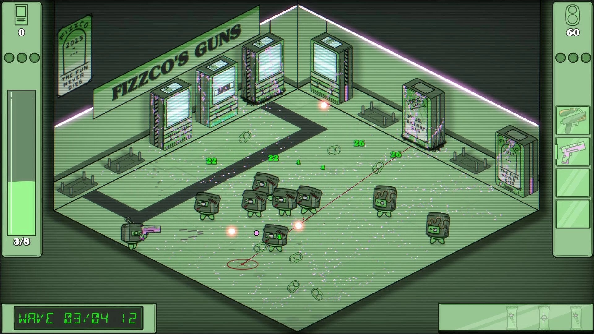 Guns&Sodas: Combat with vending machine enemies in arcade-style room labeled "FIZZCO'S GUNS"
