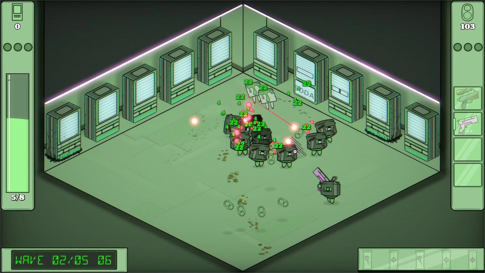 Guns&Sodas: Combat with enemies near vending machines in a neon-lit room, displaying health and ammo UI