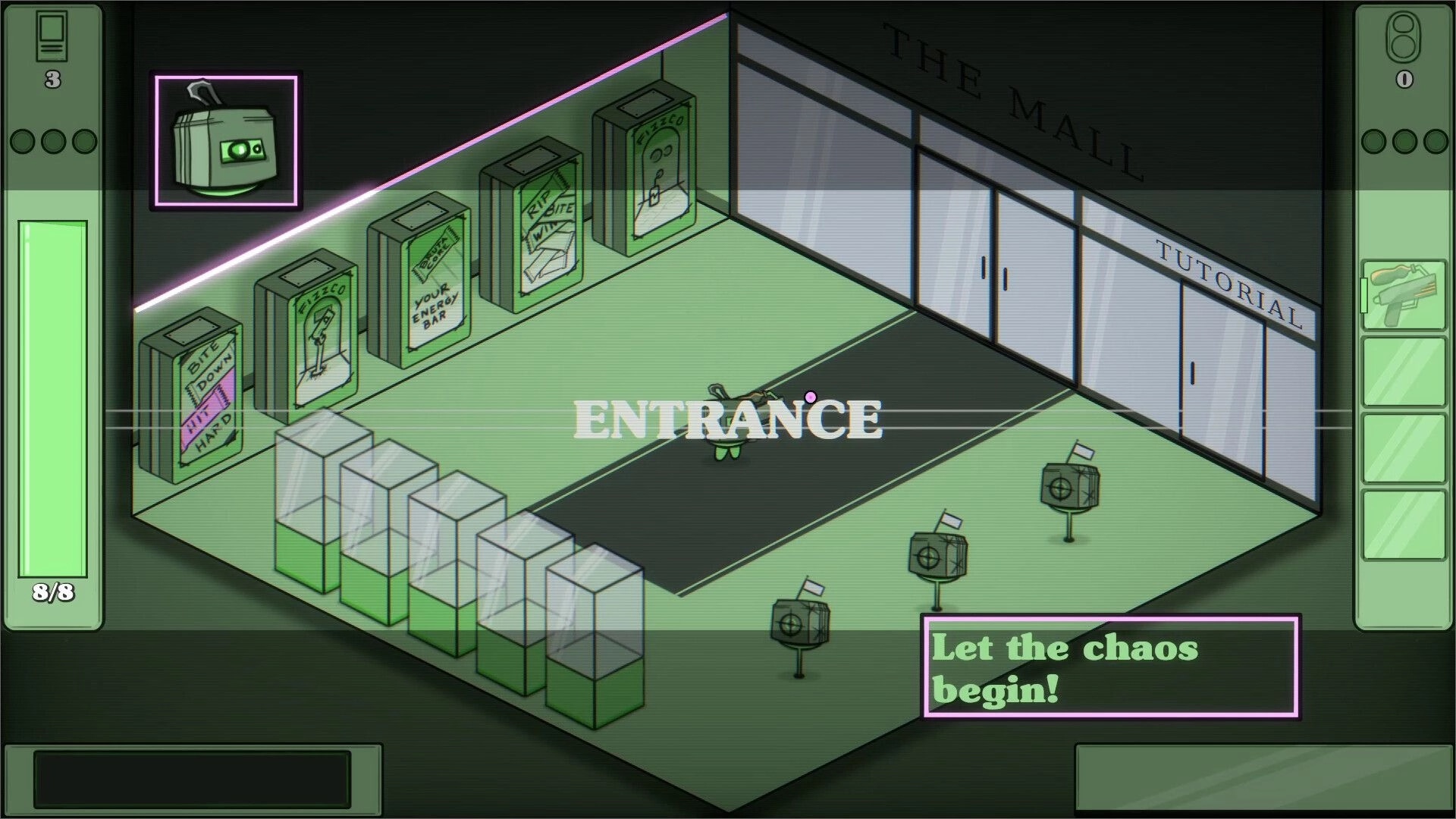 Guns&Sodas: Character in mall entrance with vending machines and tutorial sign, ready for action