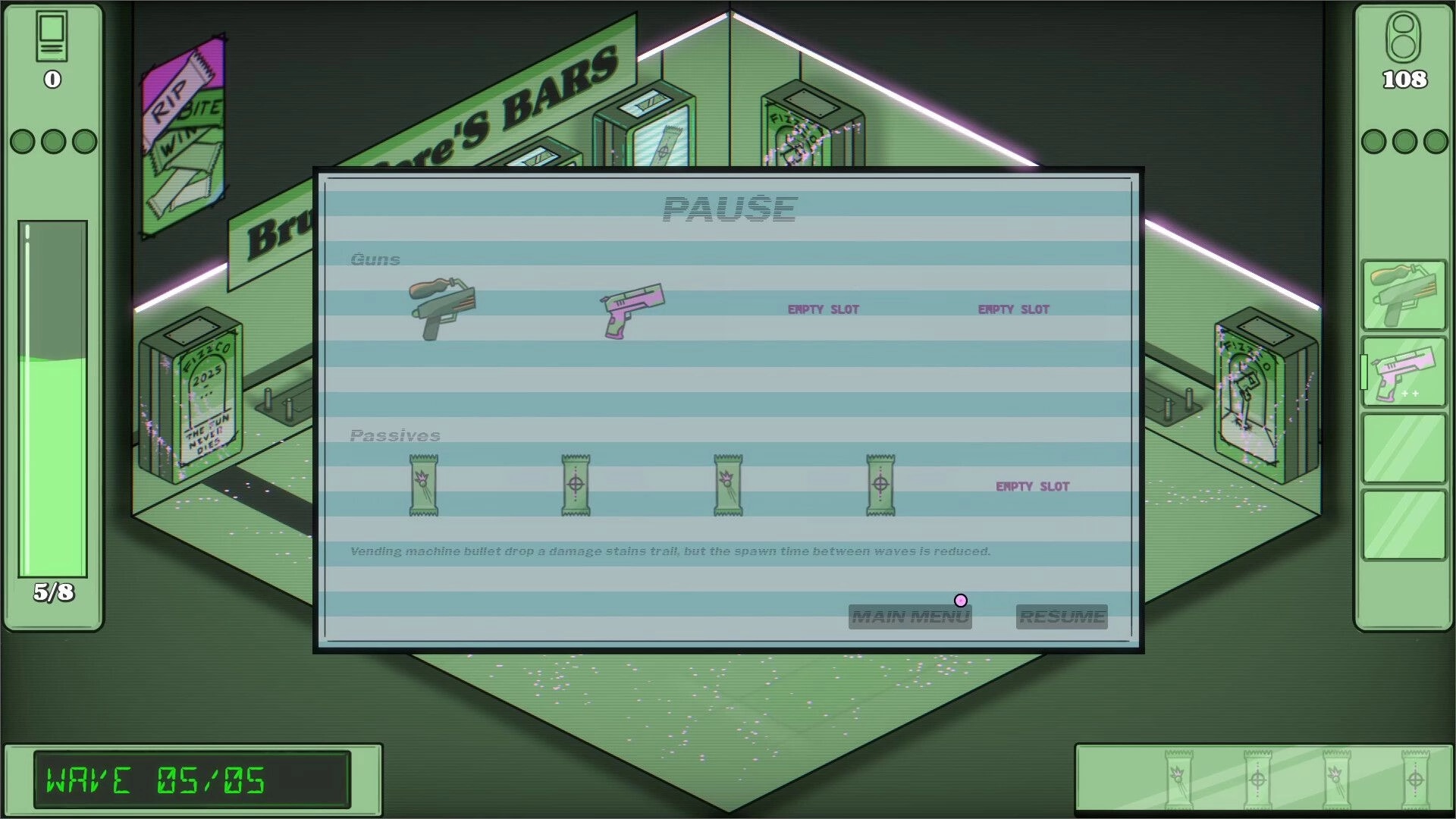 Guns&Sodas: Pause menu showing equipped guns and passive items inside Brute Store's Bars environment
