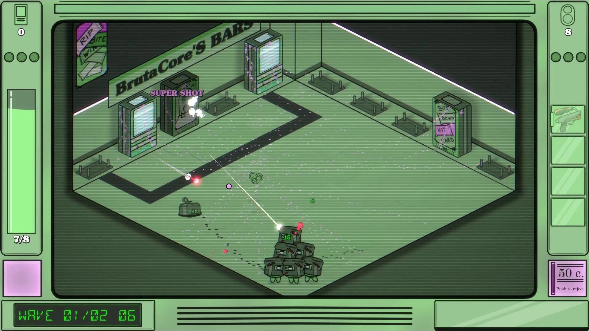 Guns&Sodas: Player battles vending machines in BrutaCore's Bar with "SUPER SHOT" power-up active