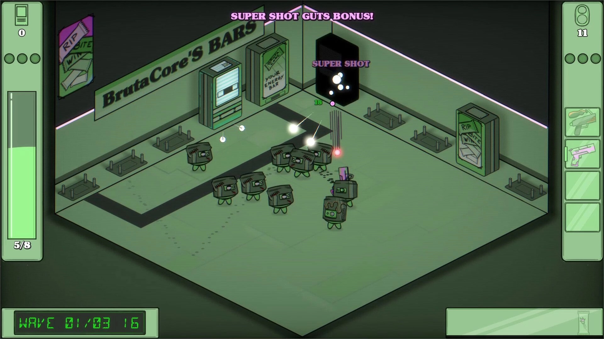 Guns&Sodas: Combat with robotic enemies in a bar setting, featuring vending machines and UI elements.