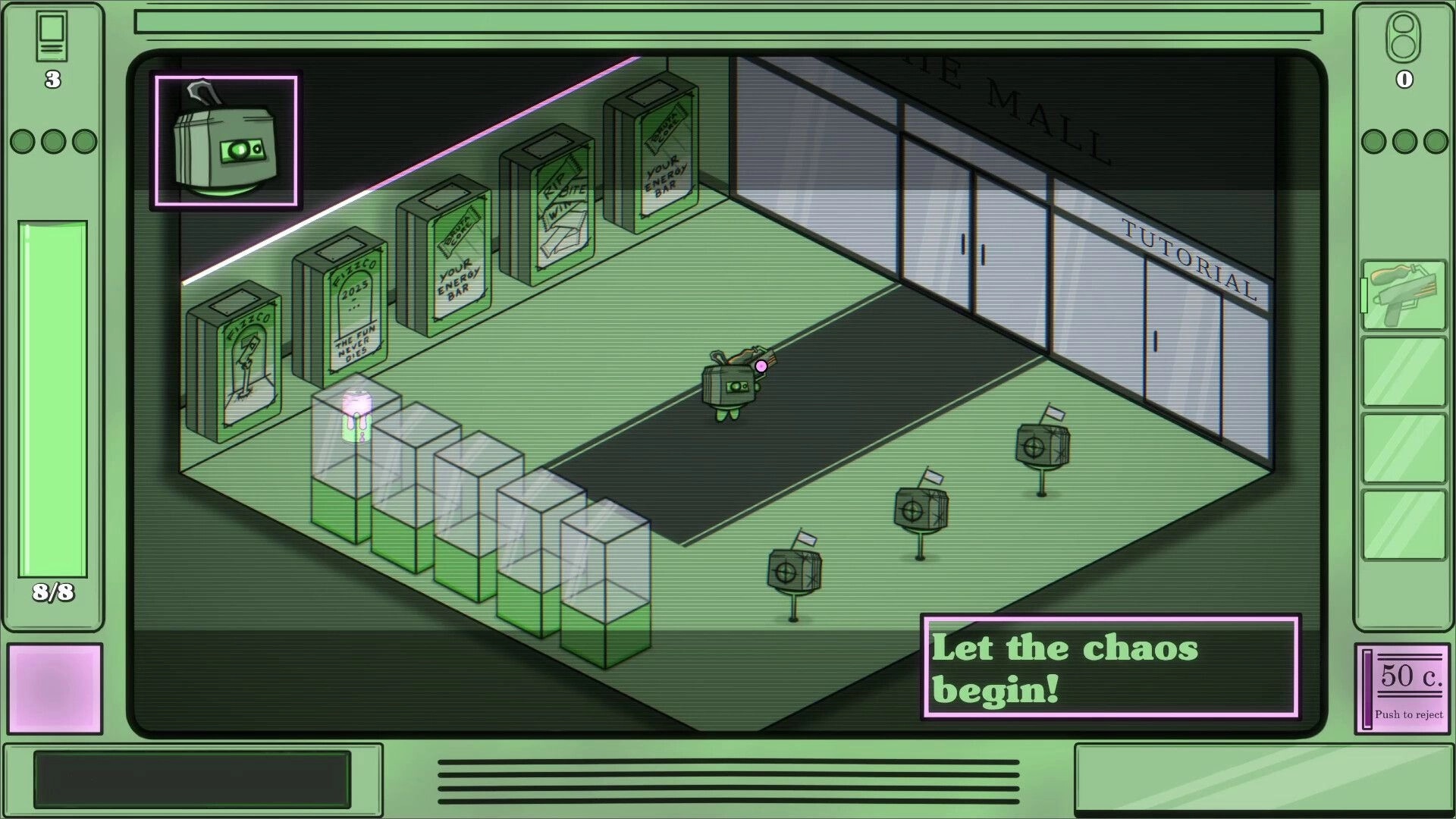 Guns&Sodas: Robot character in mall tutorial area with vending machines and a message "Let the chaos begin!"