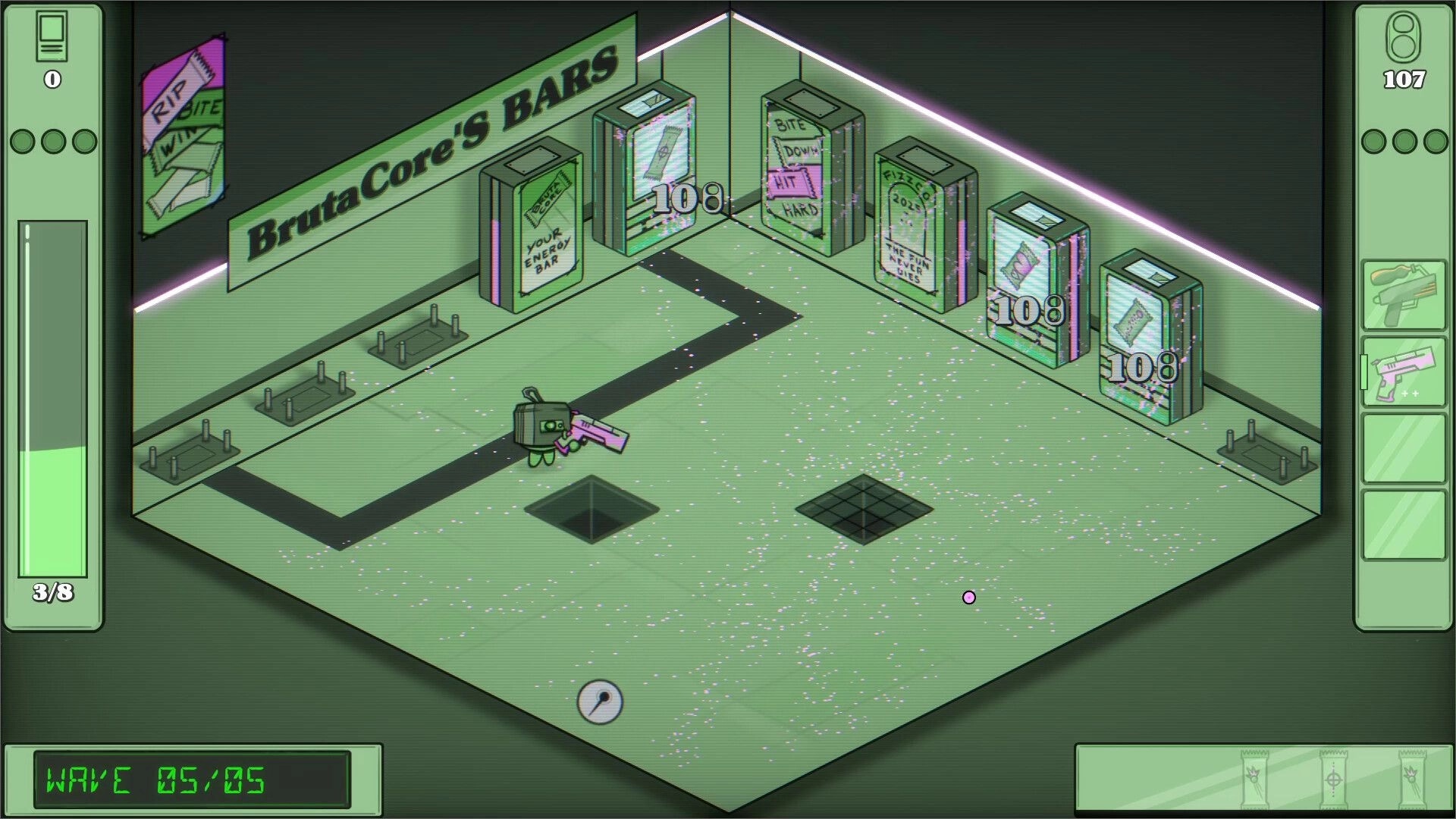 Guns&Sodas: Character with a gun navigates vending machine area in BrutaCore's Bars with UI elements visible