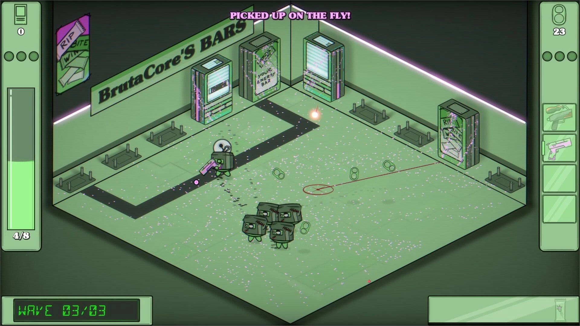 Guns&Sodas: Player character with gun battles enemies near vending machines in BrutaCore's Bars arena.
