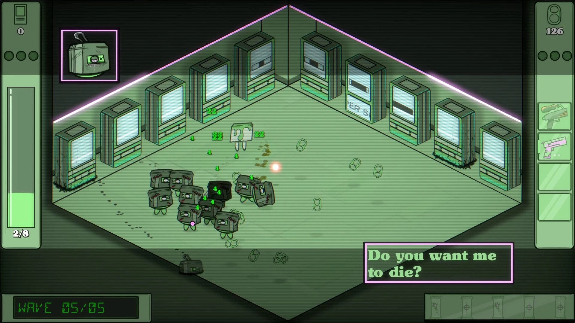 Guns&Sodas: Combat with soda enemies in a vending machine room, UI shows wave and health stats