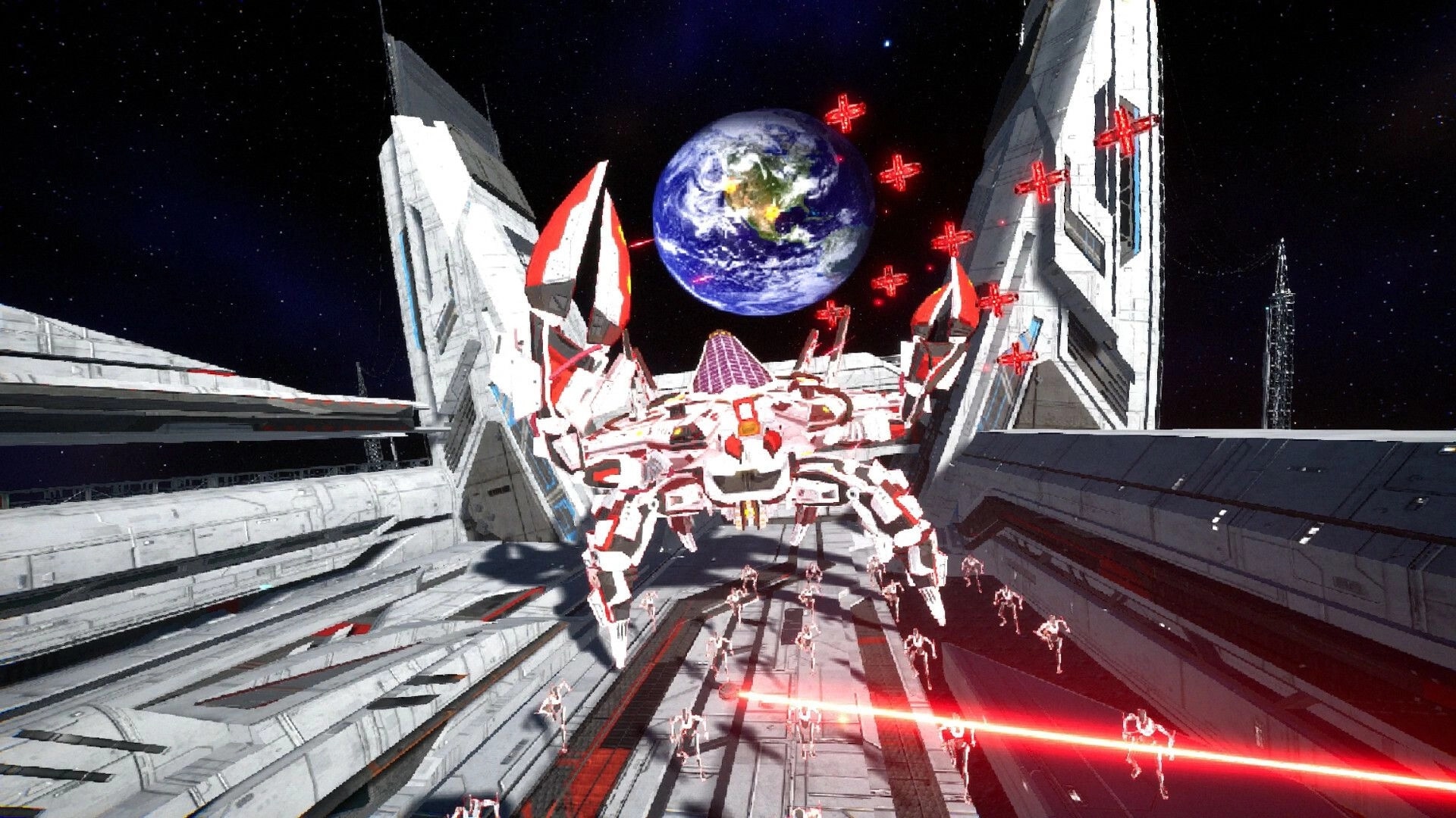 Gunstoppable: Giant robotic crab battle on space station with Earth and laser-firing drones in background