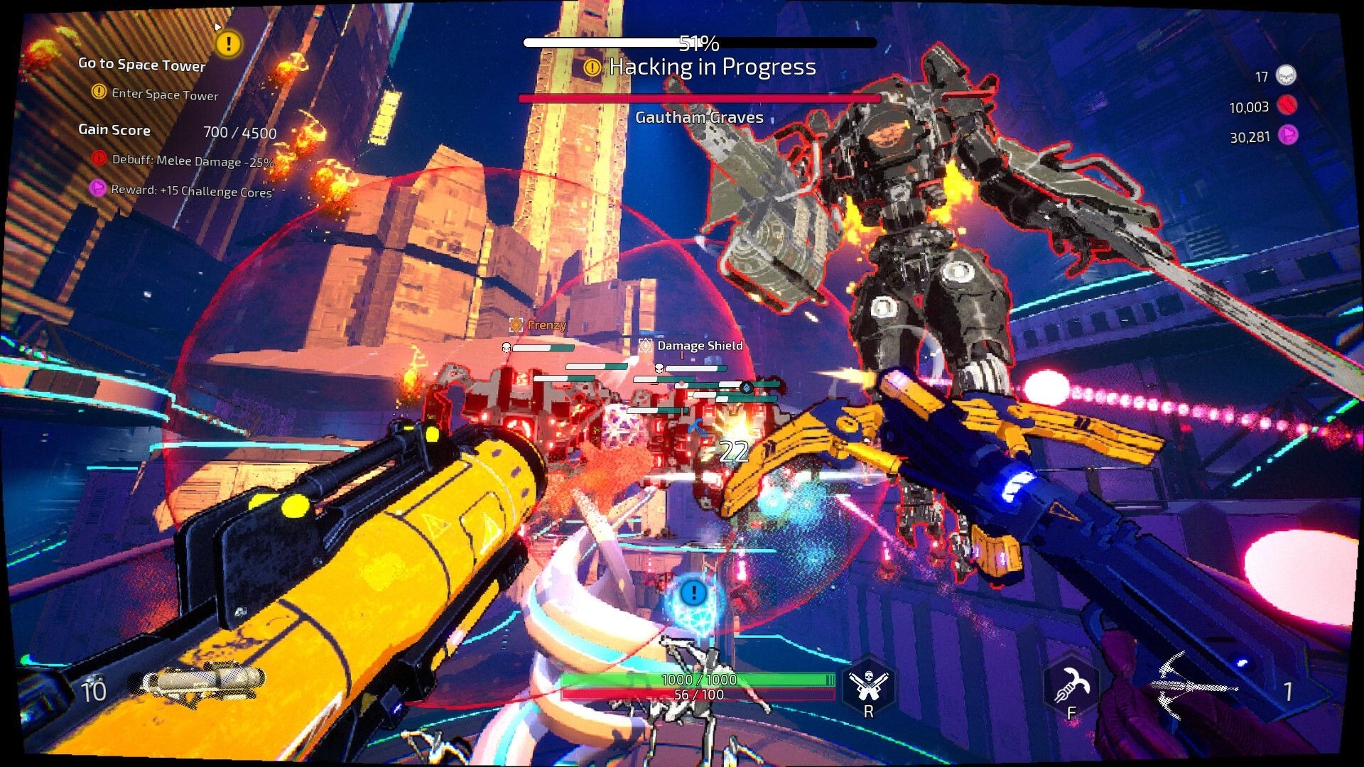 Gunstoppable: Dual-wielding in combat against giant mech Gautham Graves, hacking progress at 51% in space city.