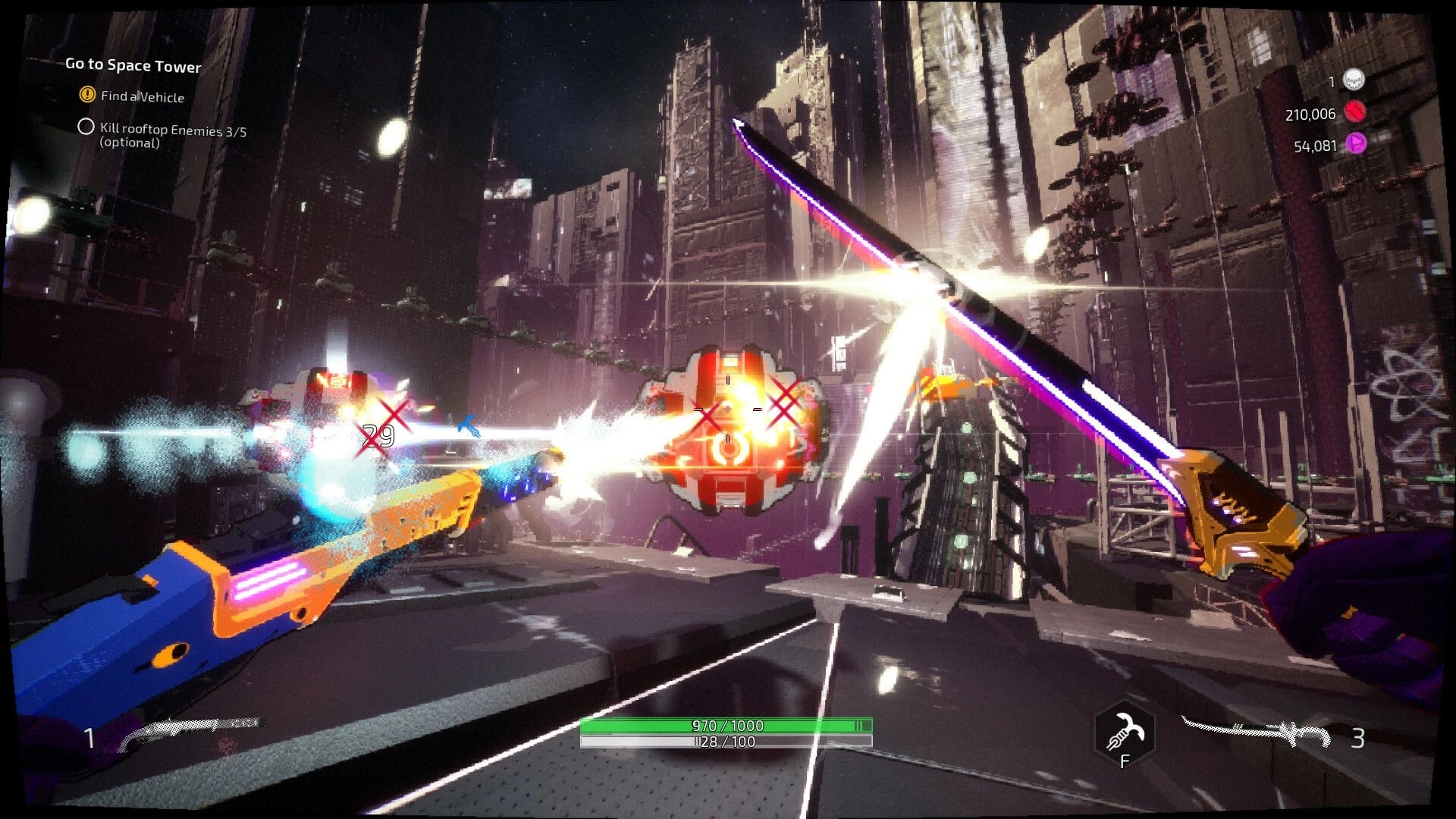 Gunstoppable: Dual-wielding guns against drone in futuristic cityscape with mission objectives visible