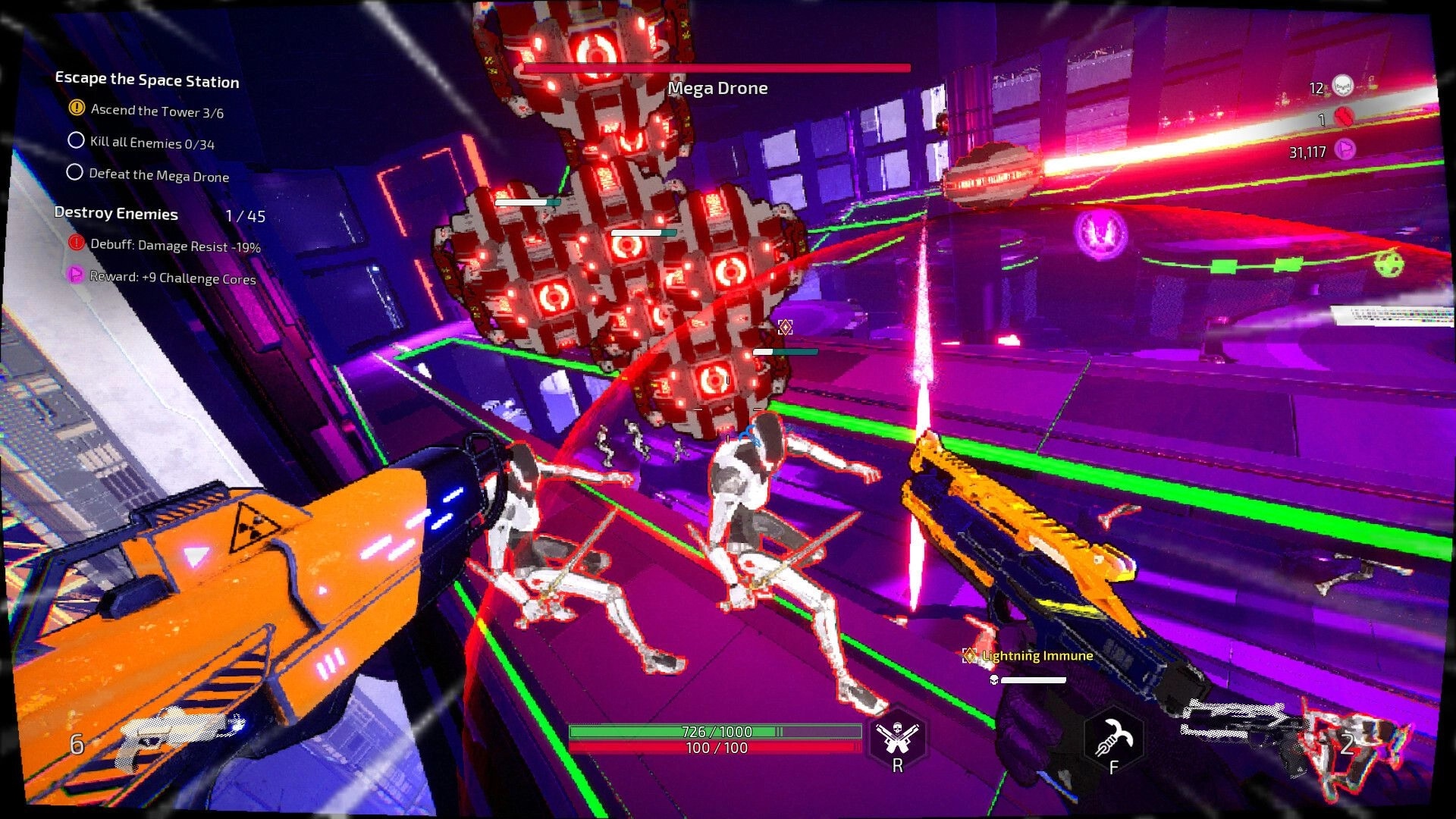 Gunstoppable: Dual-wielding guns against Mega Drone in neon-lit space station with mission objectives displayed.