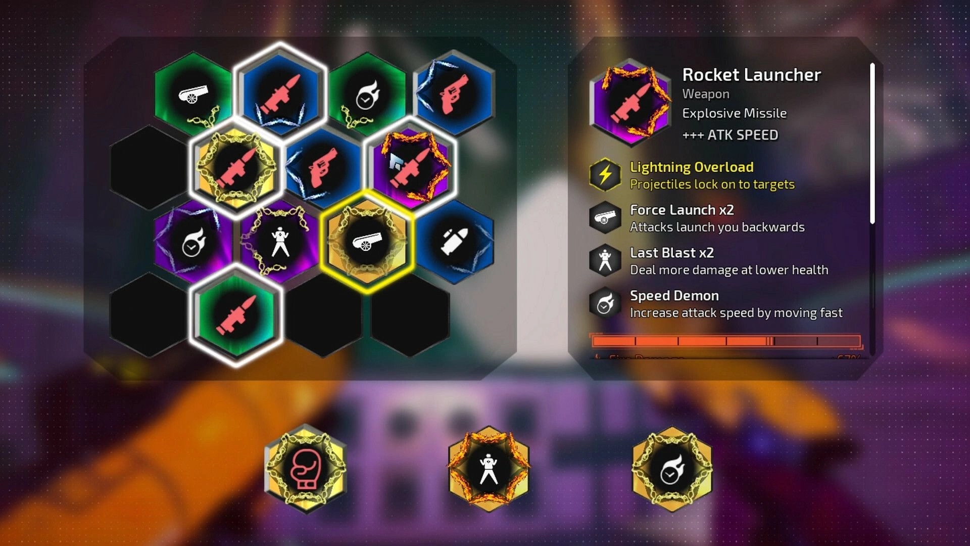Gunstoppable: Weapon upgrade menu with rocket launcher stats and abilities in hexagonal grid layout