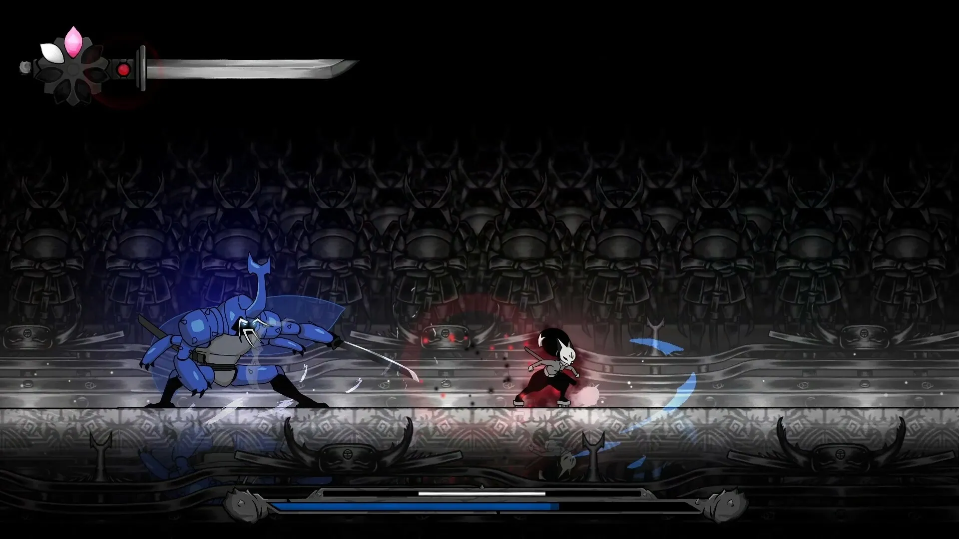 Gurei: Intense battle with a blue armored beetle boss in a shadowy arena with samurai statues