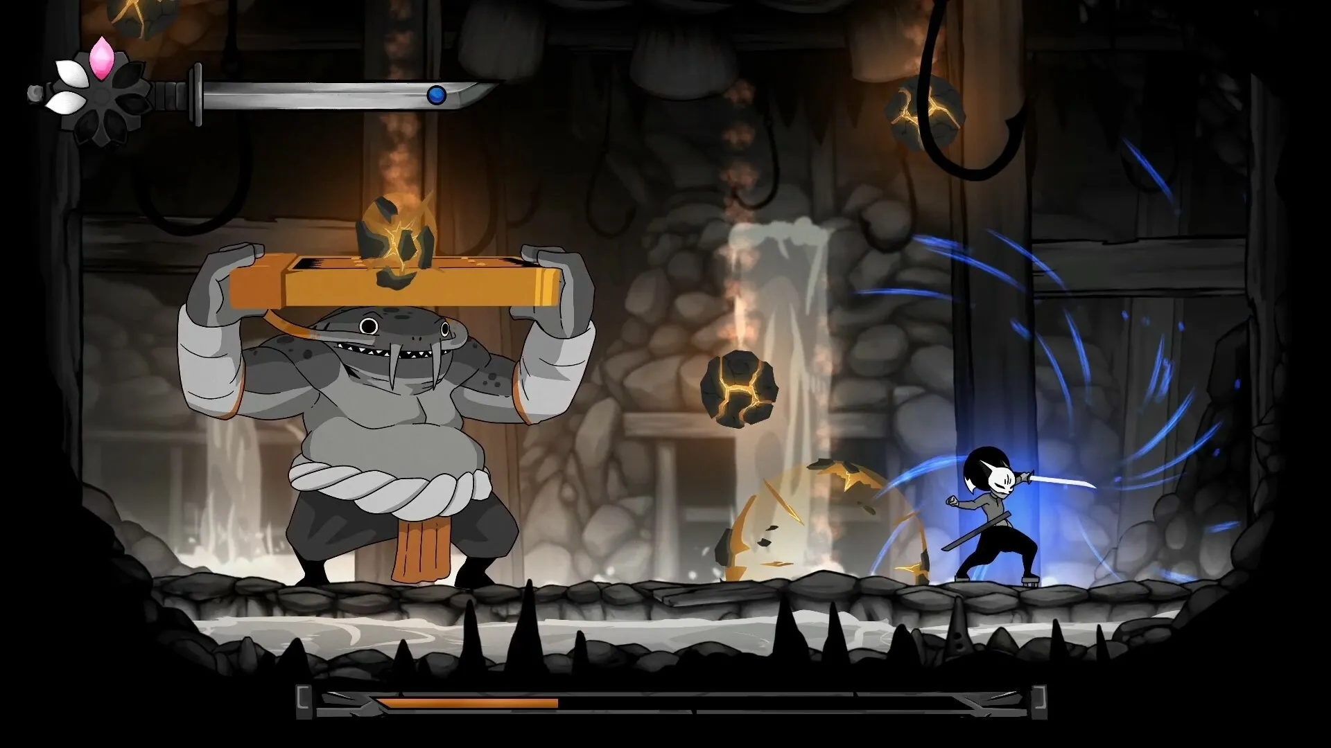 Gurei: Player battles giant monster in cavern, dodging fiery projectiles with sword and agility skills.