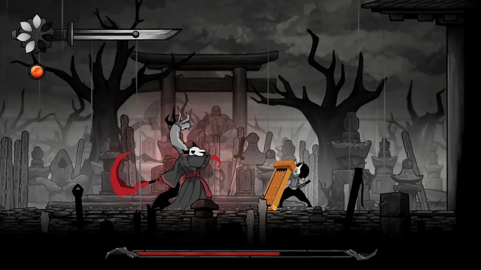 Gurei: Intense boss battle in eerie graveyard with player attacking a masked enemy using a red scythe.