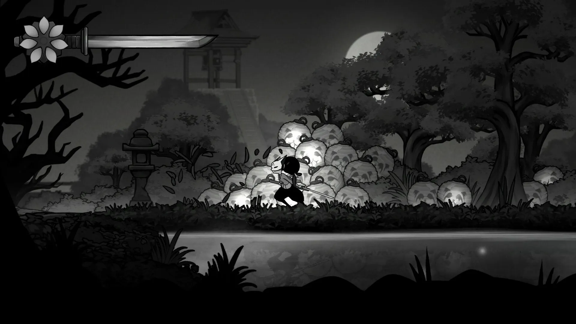 Gurei: Character with mask runs through moonlit forest, sword equipped, lanterns glowing in background.