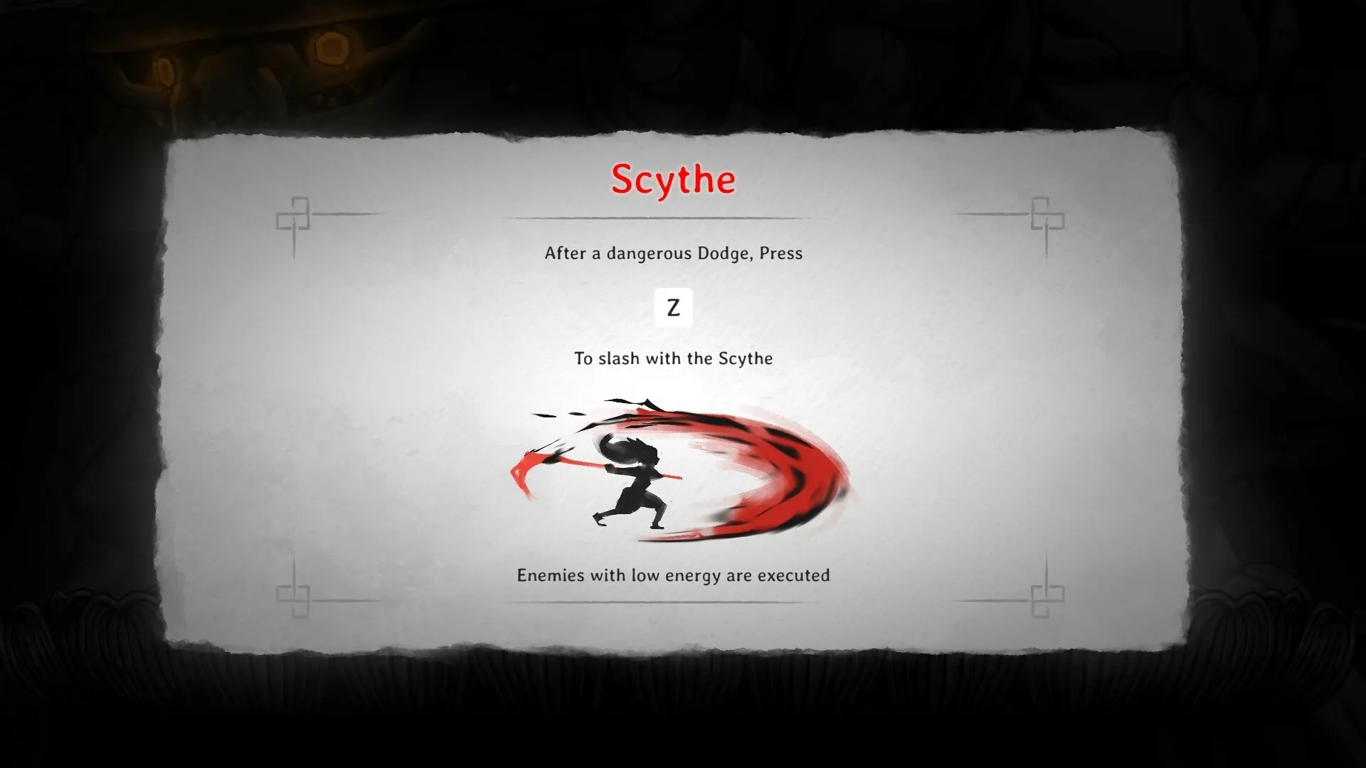 Gurei: Tutorial screen showing scythe attack instructions, press Z to slash after dodging enemies.