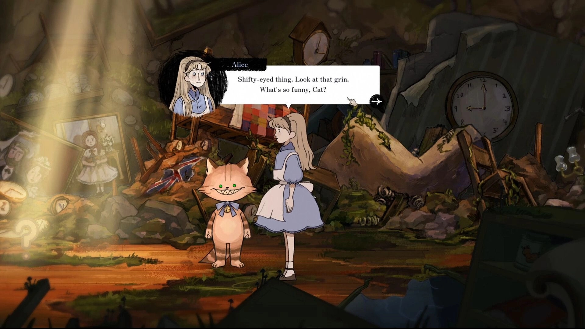 HABROMANIA: Alice converses with a grinning cat in a cluttered, whimsical room with broken furniture.