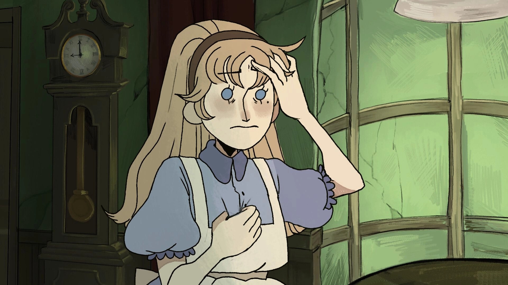 HABROMANIA: Alice looks distressed in a dimly lit room with a large clock and cracked green walls.