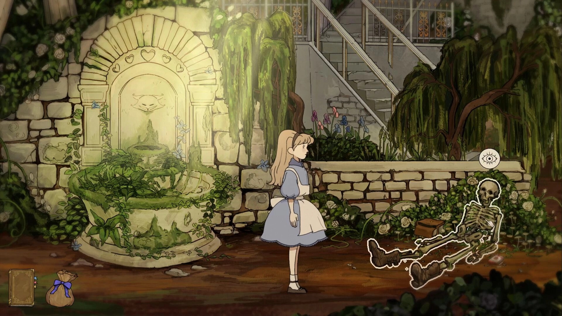 HABROMANIA: Alice explores a lush garden with a mossy fountain and a skeleton highlighted for interaction.