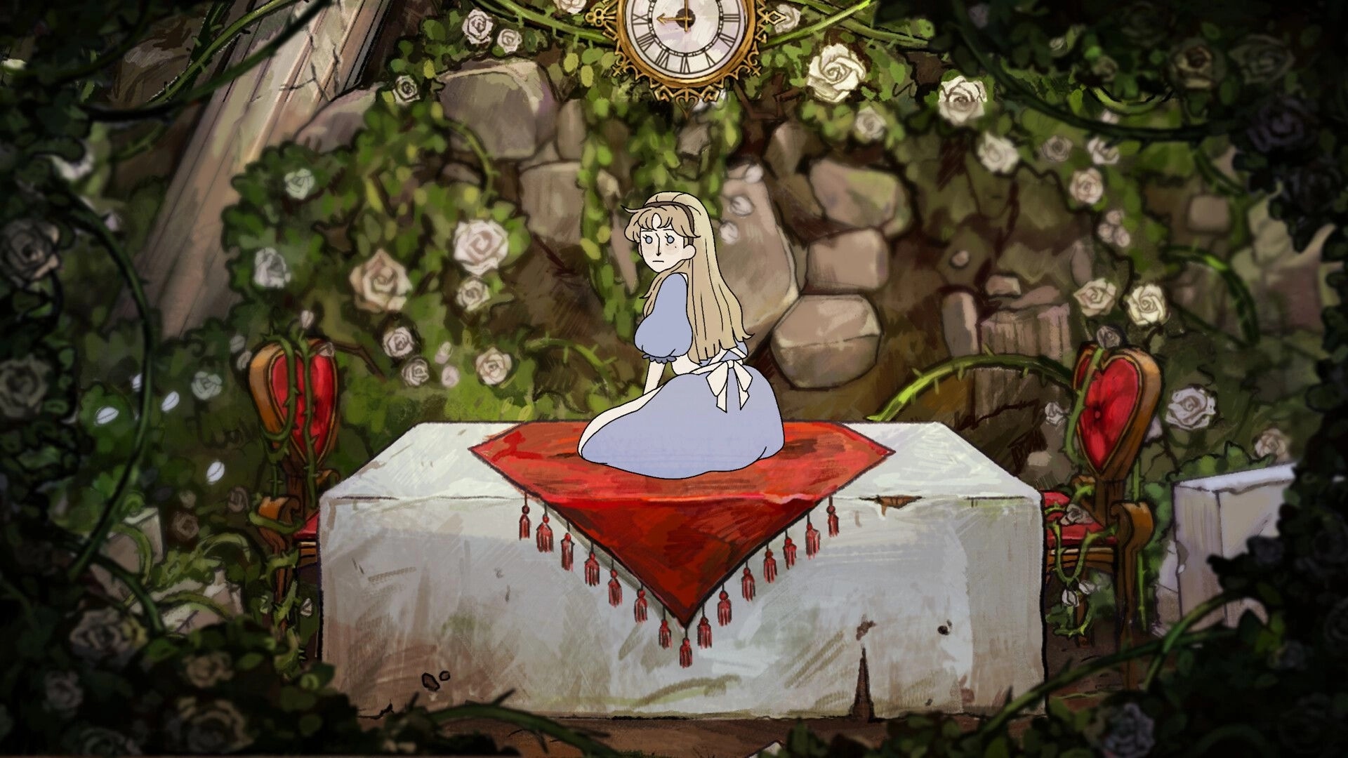 HABROMANIA: Alice sits on a red cloth-covered table in a rose-filled garden beneath a large clock