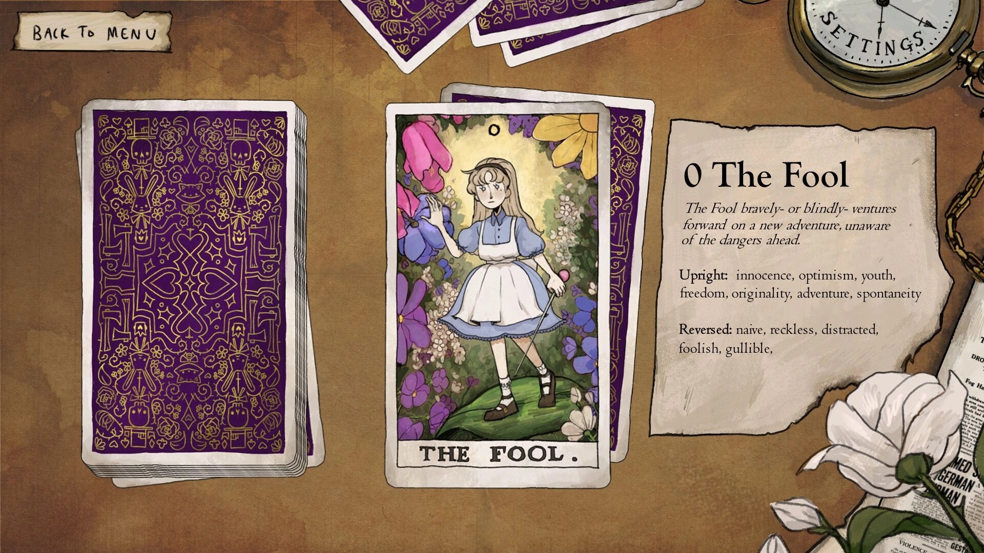 HABROMANIA: Tarot card of Alice as The Fool surrounded by flowers, with description and settings gear.