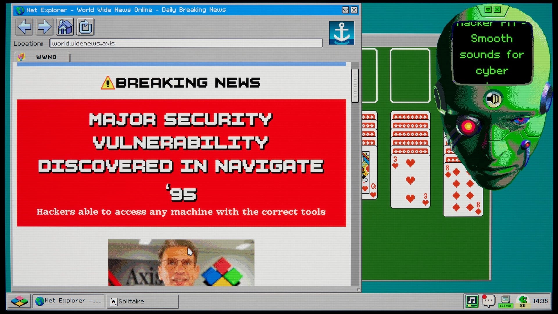 Hack '95: Breaking News webpage about Navigate '95 vulnerability beside solitaire and hacker AI popup.
