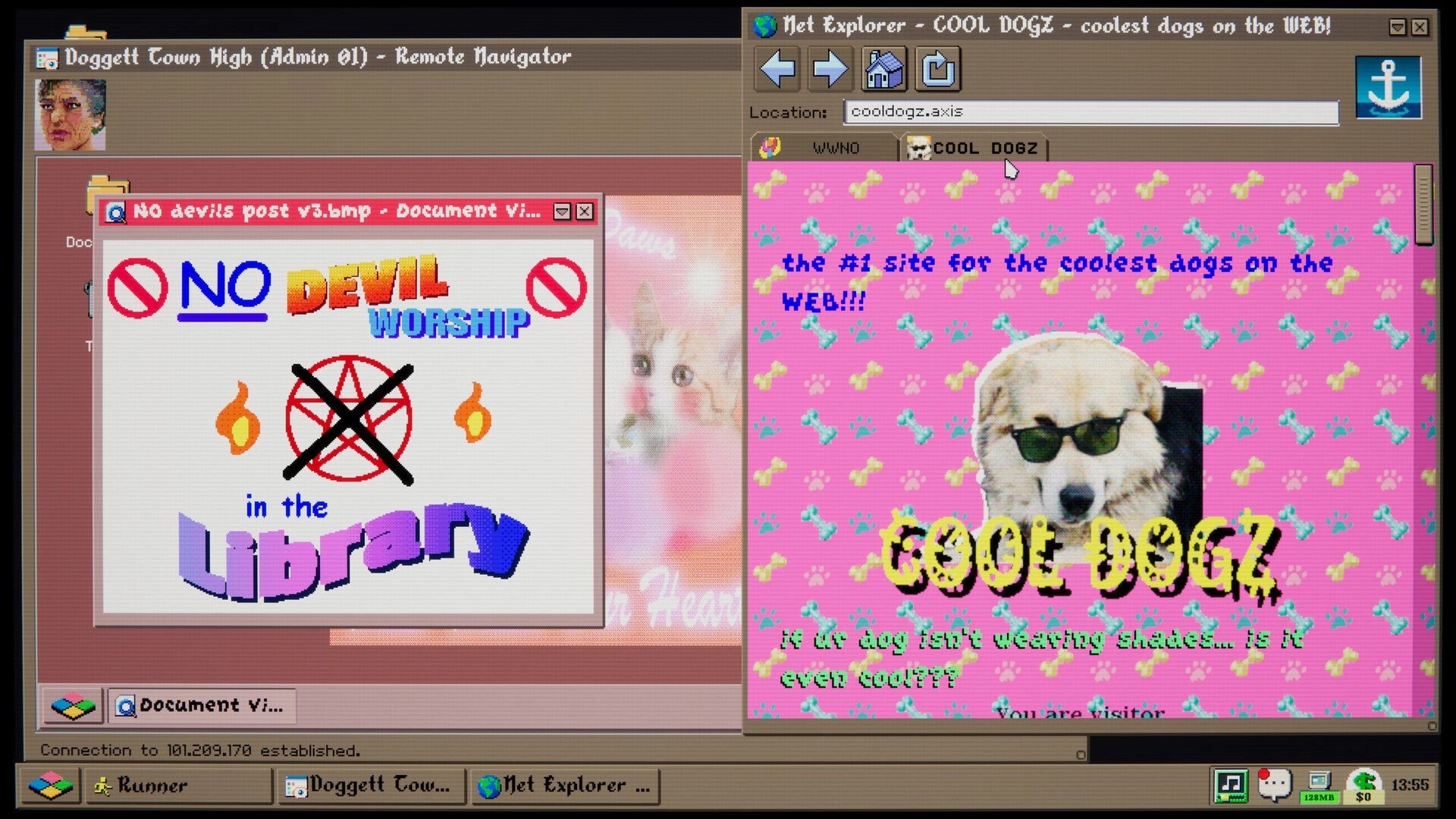 Hack '95: Browsing COOL DOGZ webpage beside a "No devil worship in the library" poster window on desktop.