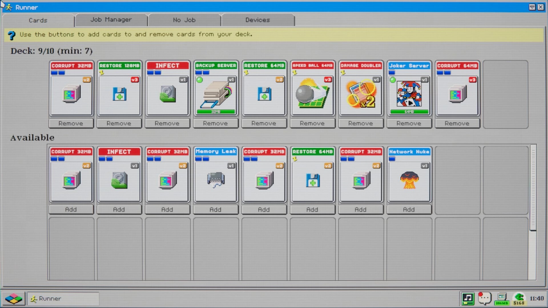 Hack '95: Deck management screen adding and removing virus cards in a Windows 95-style interface.