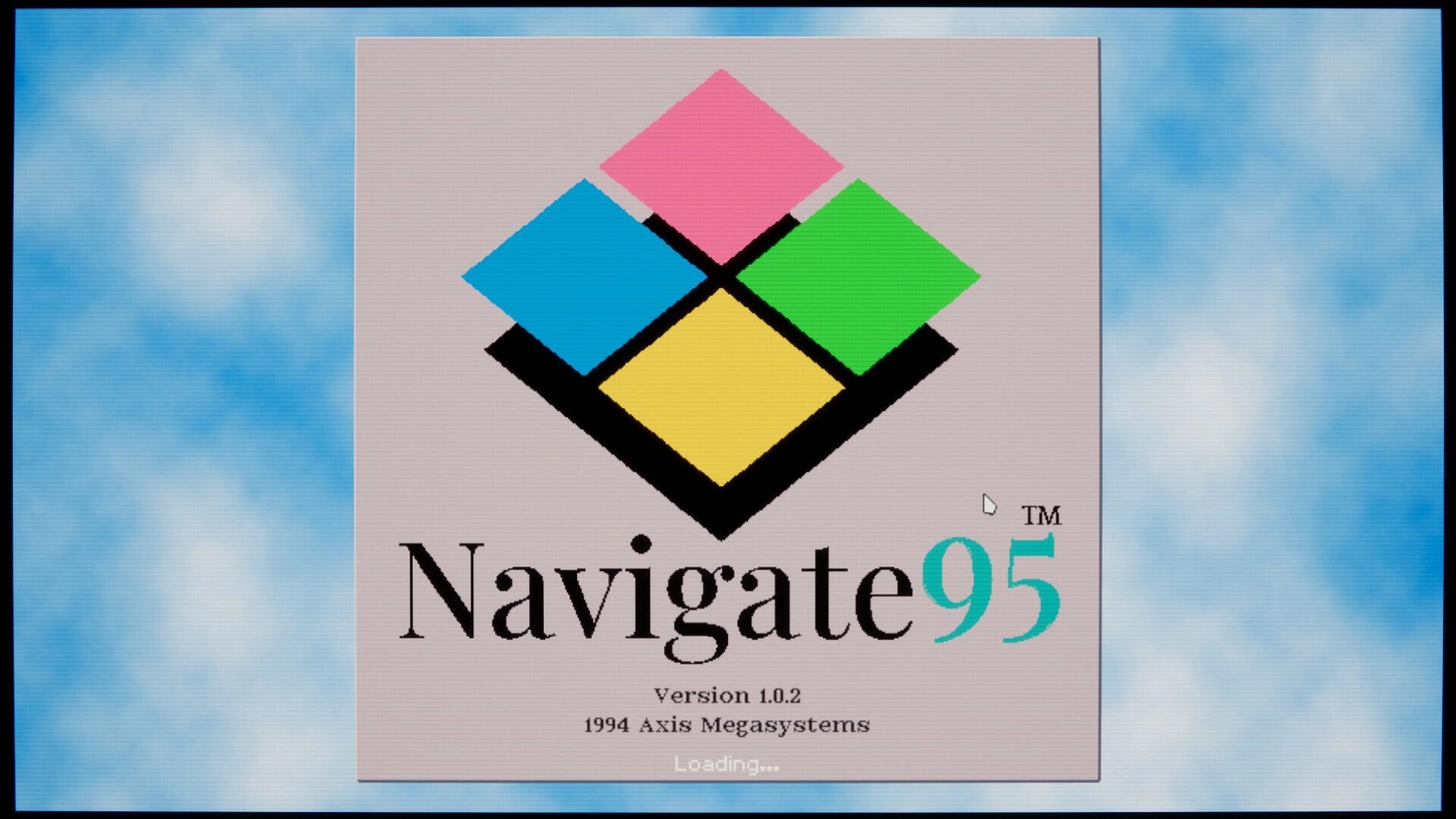 Hack '95: Navigate95 loading screen with four-color diamond logo, version text, and cursor on blue desktop.
