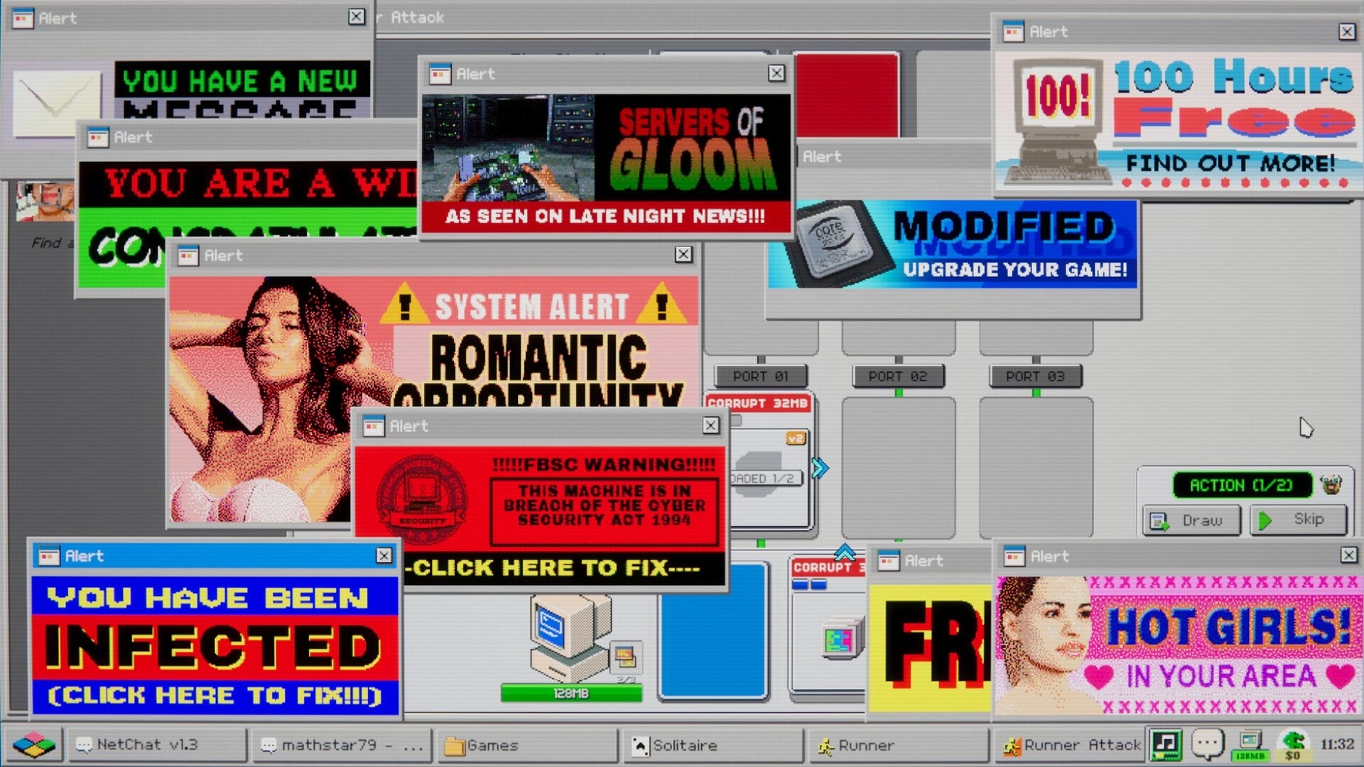 Hack '95: Pop-up alert spam and infected warnings cover a Windows 95-style hacking battle UI.