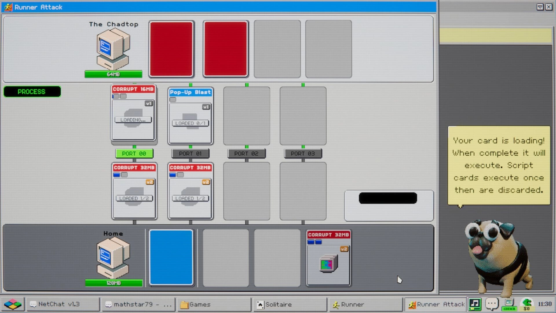 Hack '95: Runner Attack card battle UI with loading script cards and a talking pug helper on desktop.