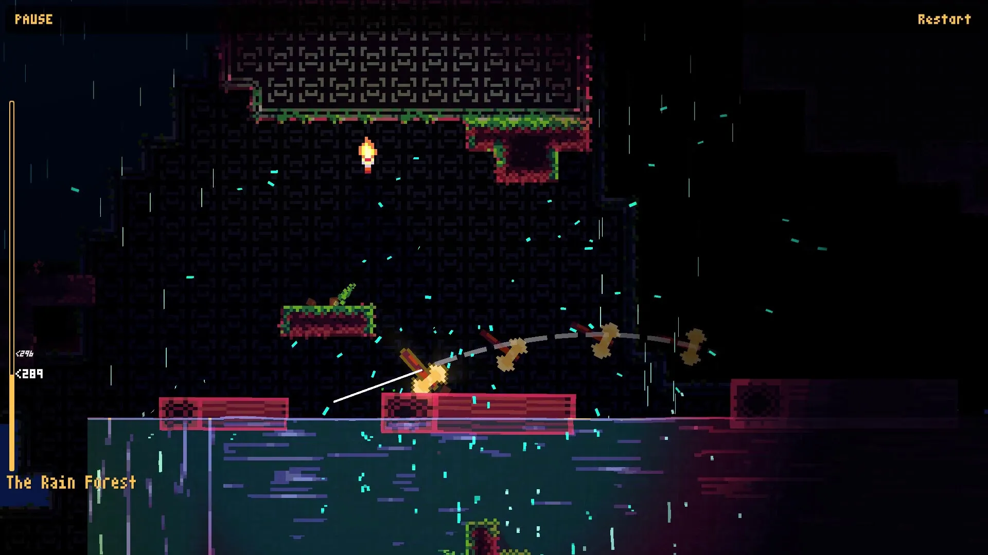 Hack And Climb: Player swings axes to ascend floating platforms in a rainy forest level with UI stats.