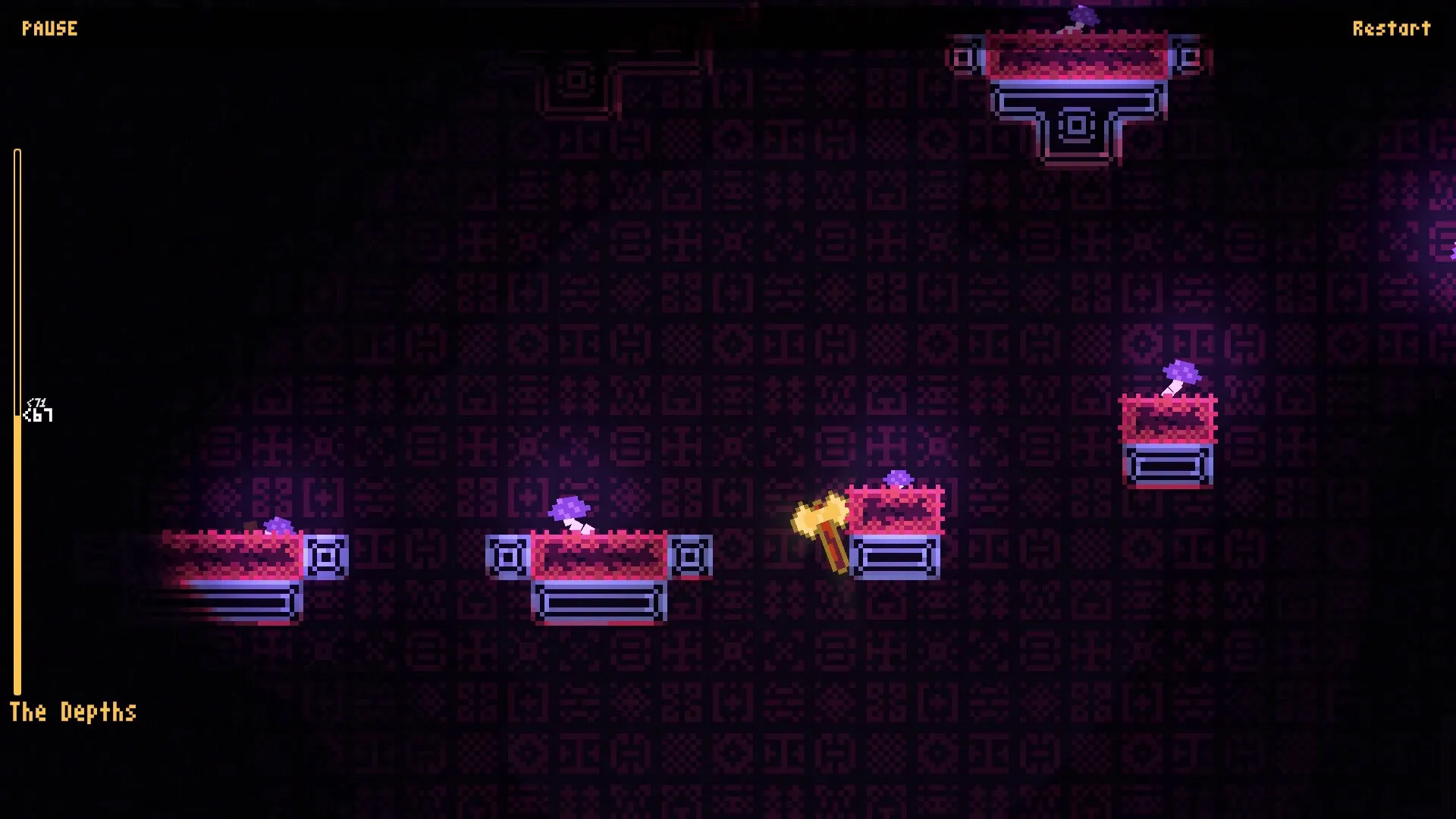 Hack And Climb: Platform jumping with glowing axe and pause menu in dark, patterned cavern setting
