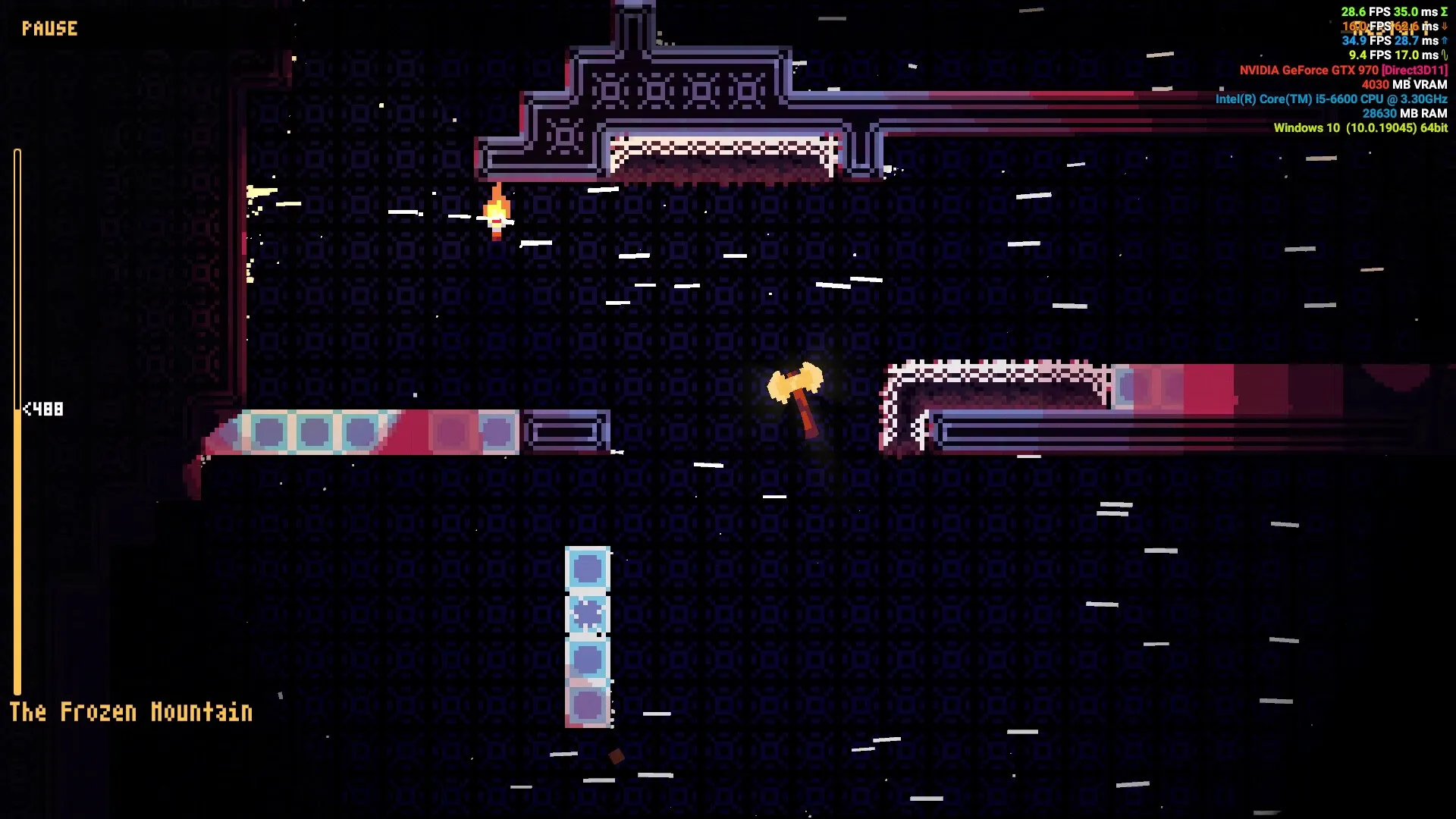 Hack And Climb: Axe flying in pixelated platformer level with neon platforms in The Frozen Mountain