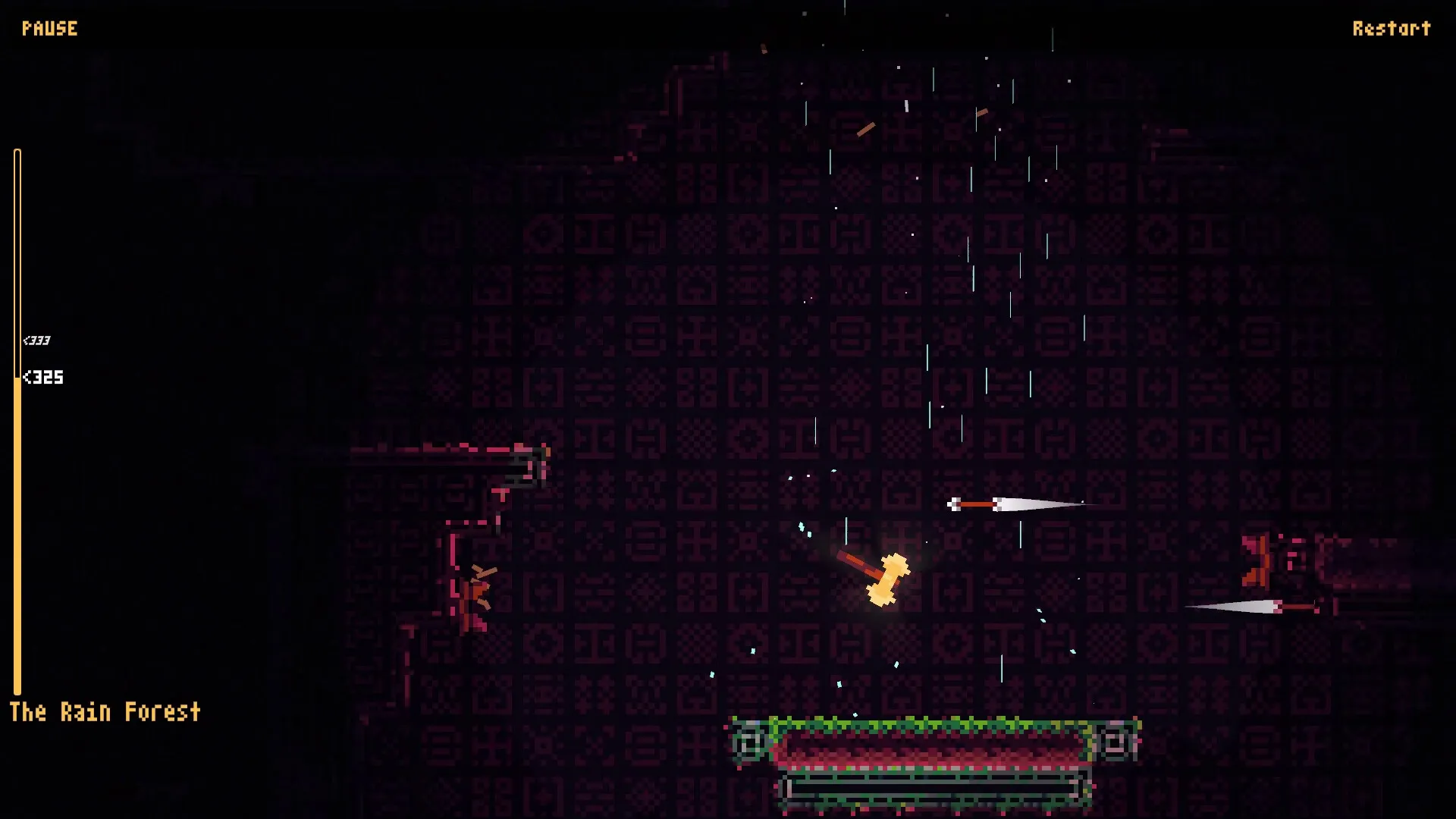 Hack And Climb: Player throws glowing axe in dark rainforest level with pixelated platform and UI elements