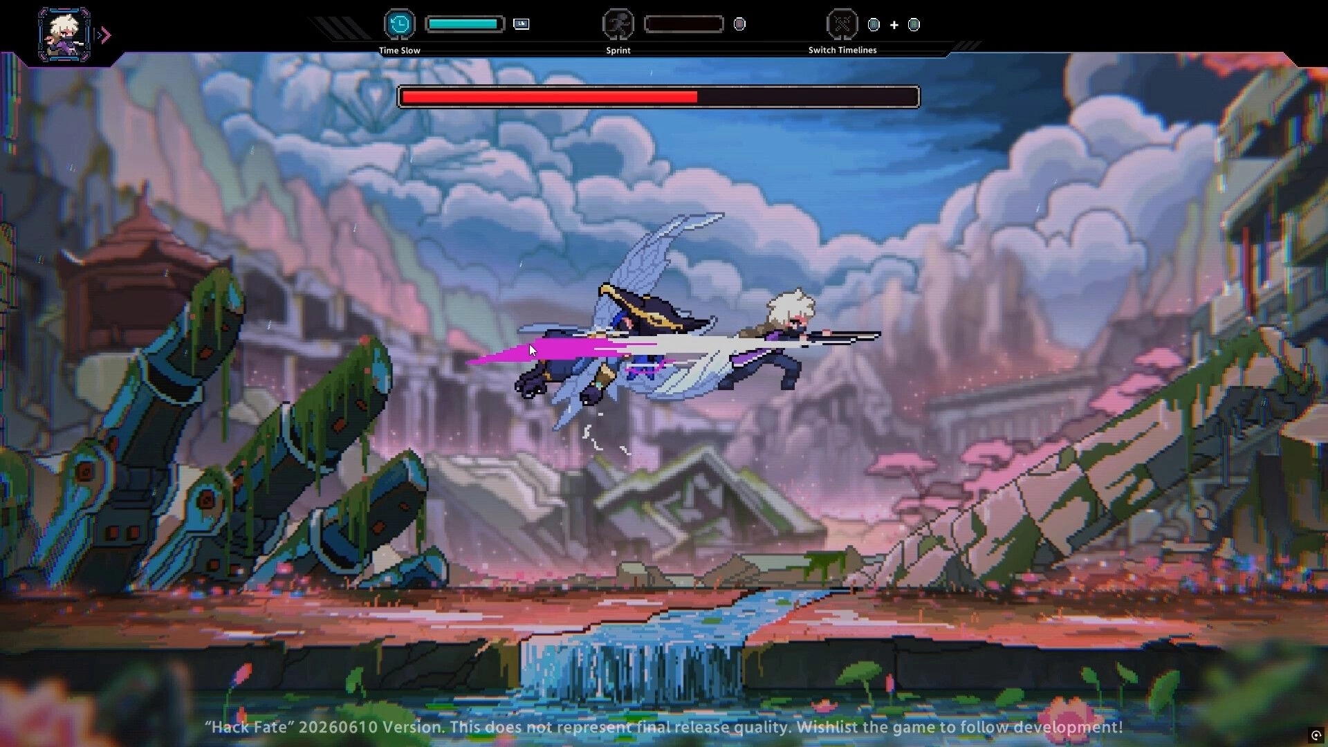 Hack Fate: White-haired fighter slashes midair with sword in ruined city, time-slow HUD visible.