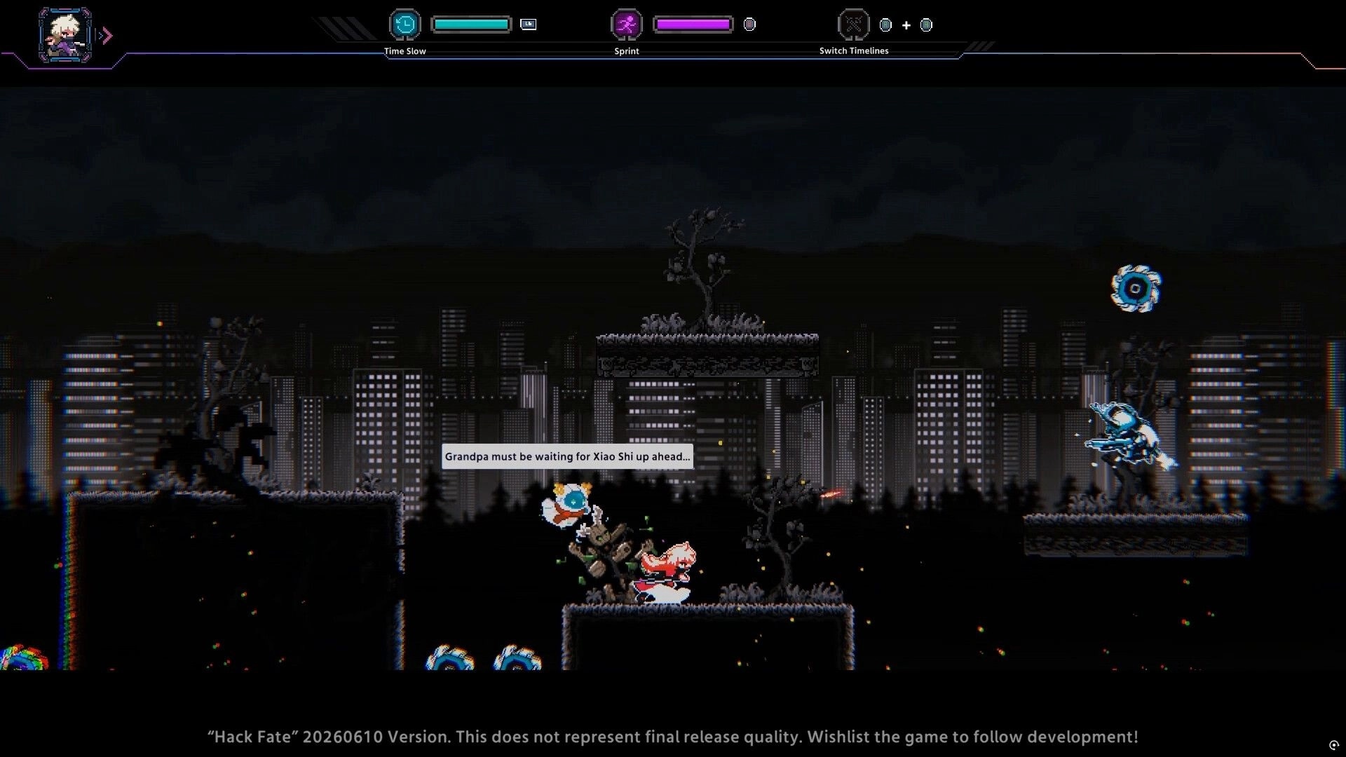 Hack Fate: Hero chats with floating drone as a robot enemy aims on neon city rooftop platforms.
